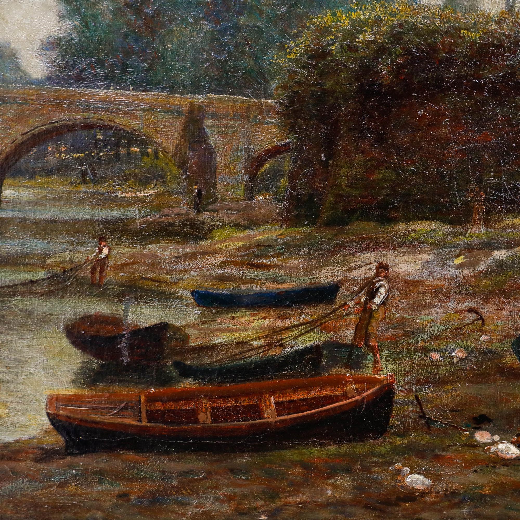 École anglaise, 19e siècle, huile. Remontée des filets à Handbridge. Non signée. Présenté dans un cadre à effet doré avec des ornements feuillagés et de fins motifs courants. Sur toile sur châssis. Taille de l'image : 29 x 40 cm.