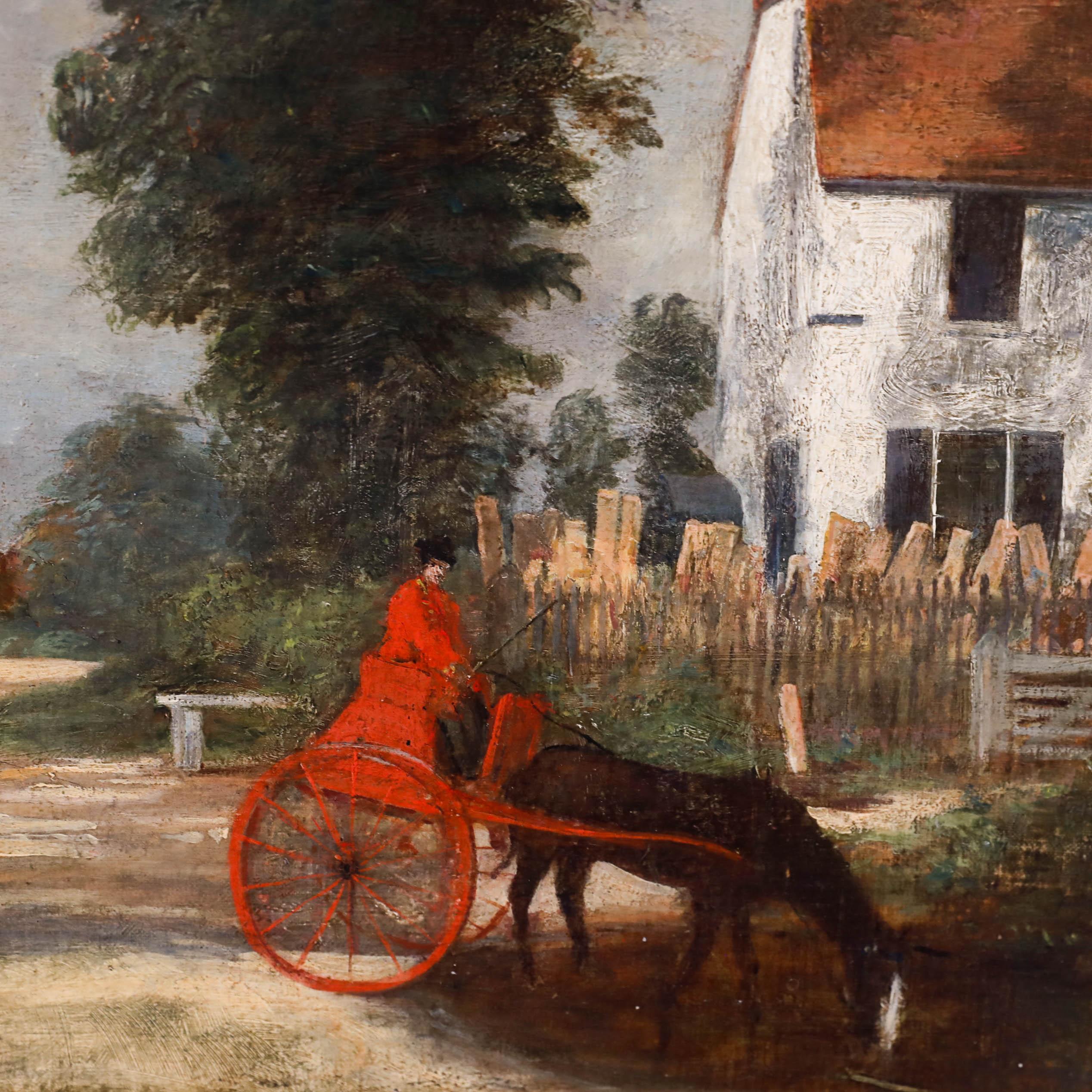 Huile encadrée de la fin du 19e siècle - Dame en rouge - Marron Landscape Painting par Unknown