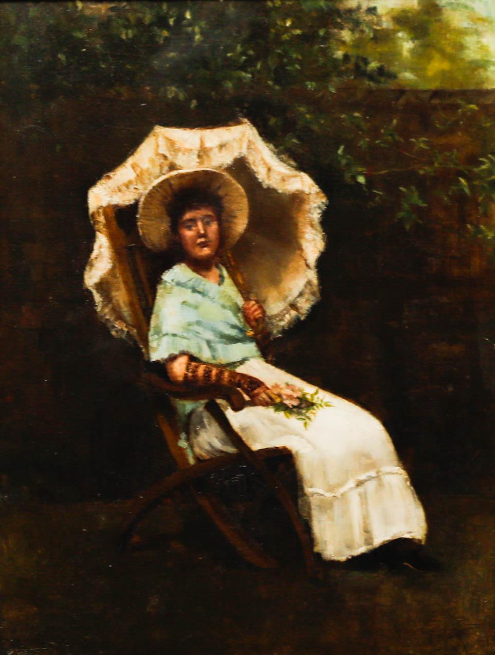 Olio incorniciato della fine del XIX secolo - Signora sotto l'ombrellone - Painting di Unknown