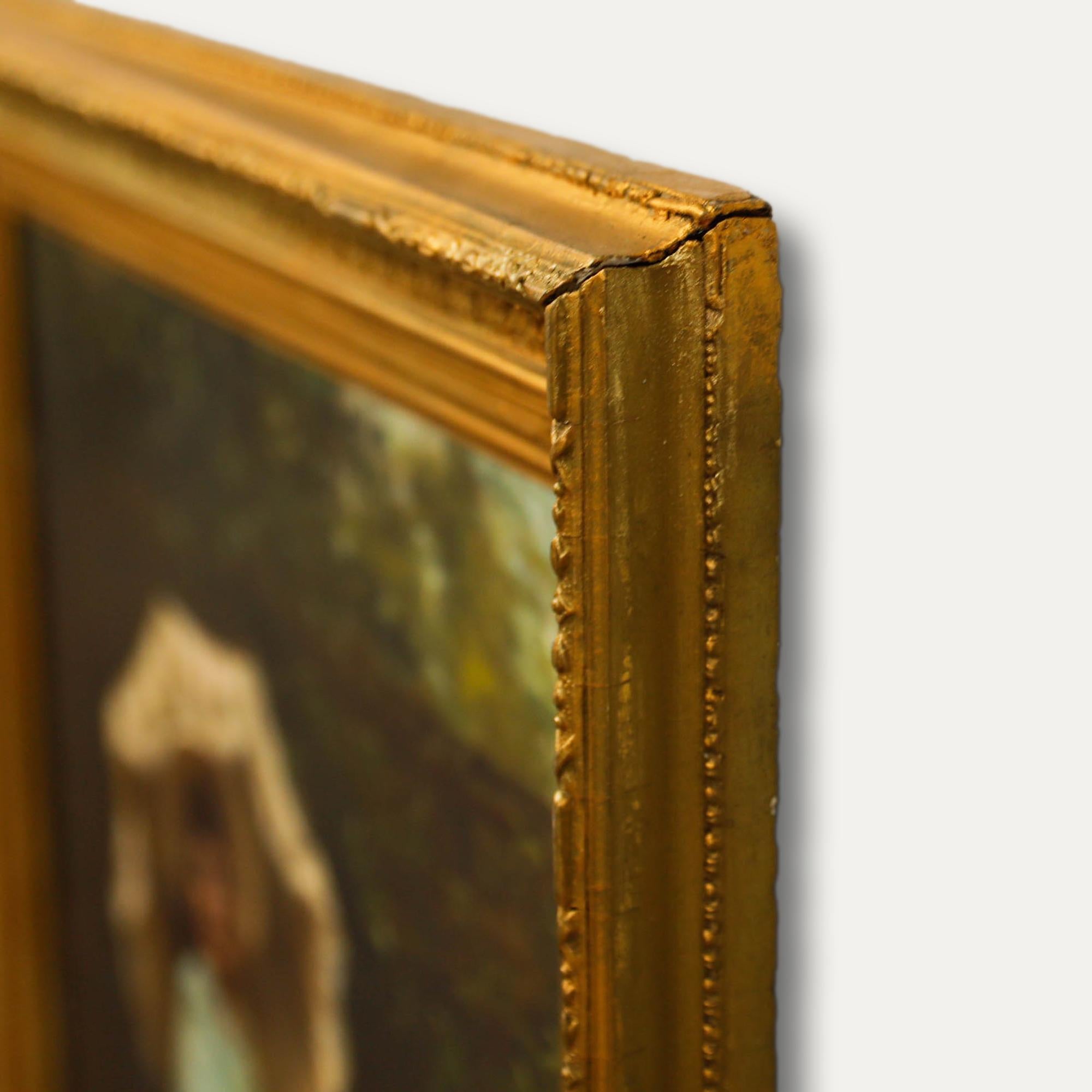Olio incorniciato della fine del XIX secolo - Signora sotto l'ombrellone in vendita 1