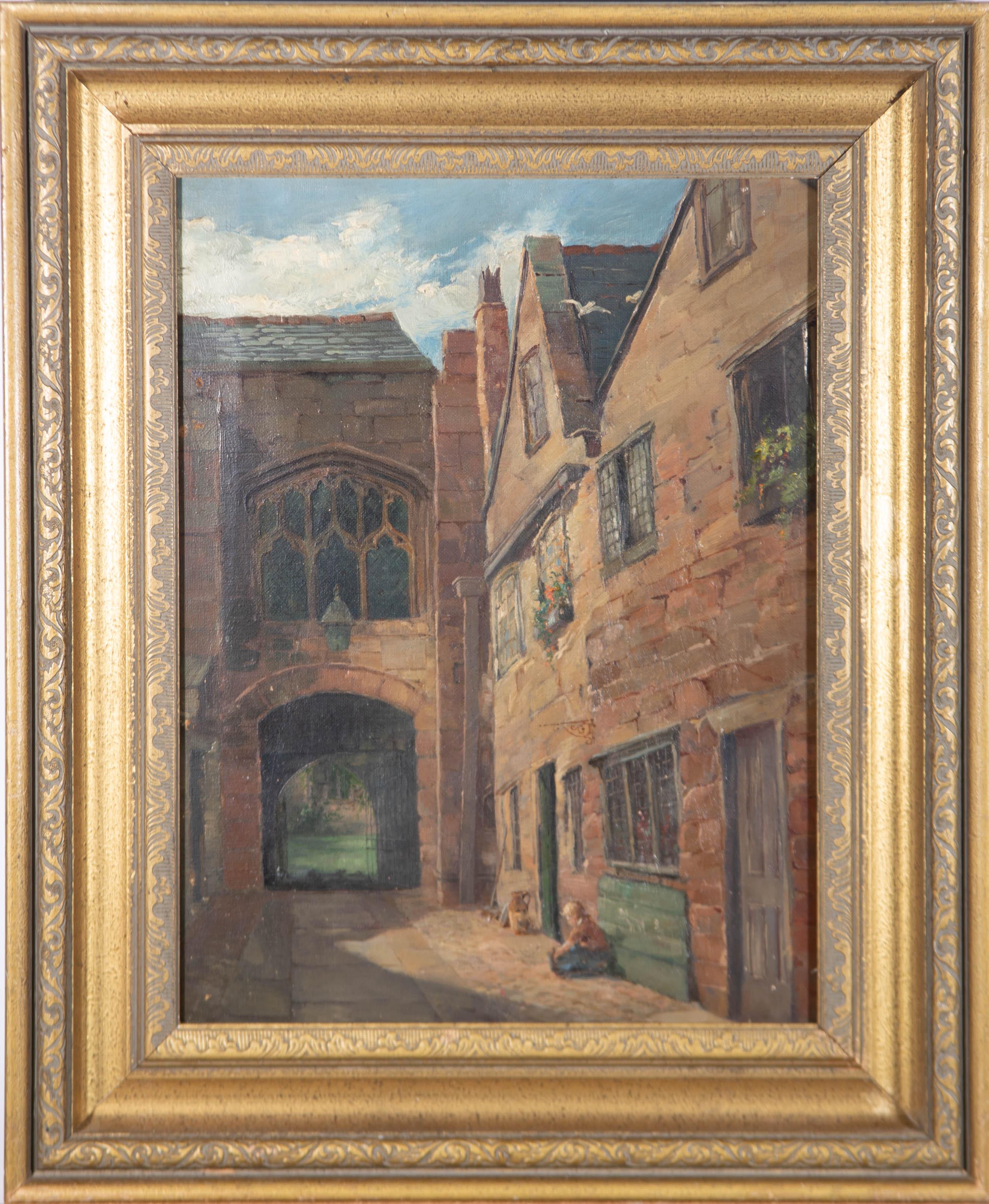 Unknown Landscape Painting - Framed Late 19th Century Oil - Medieval Street