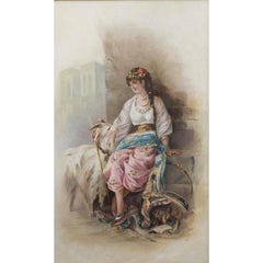 Huile encadrée de la fin du 19e siècle - Gitane parisienne avec chèvre