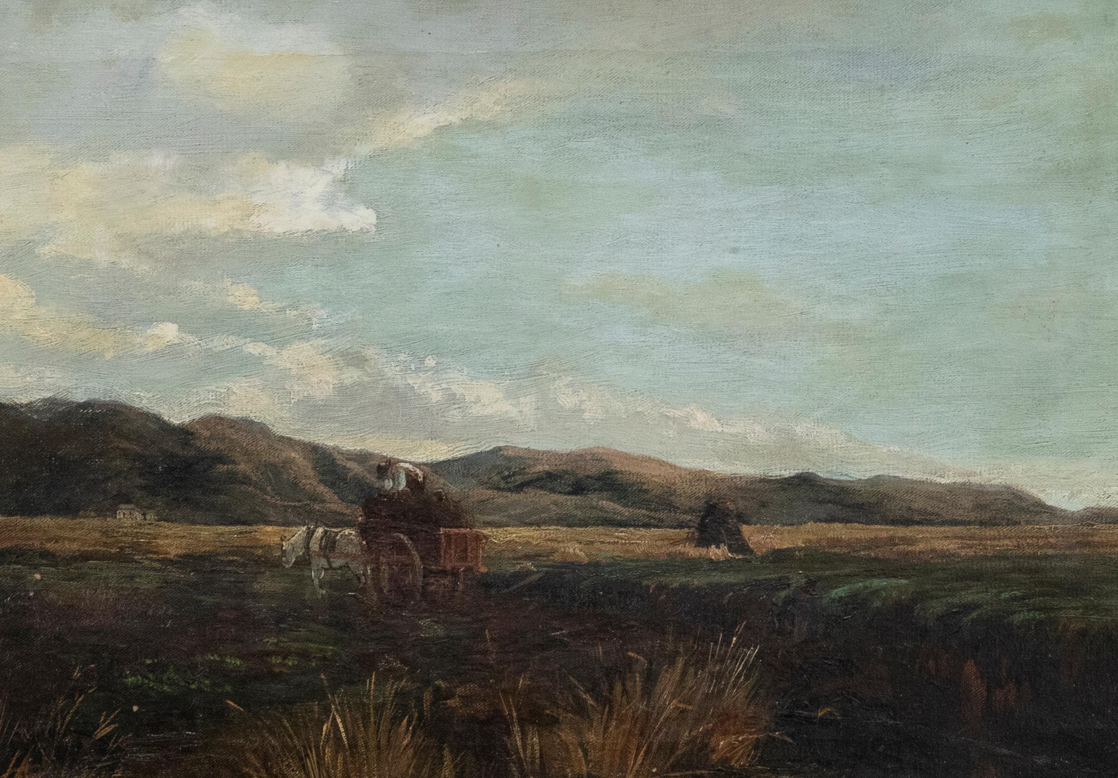 Framed Late 19th Century Oil - Peat Collecting with Horse & Cart - Painting by Unknown