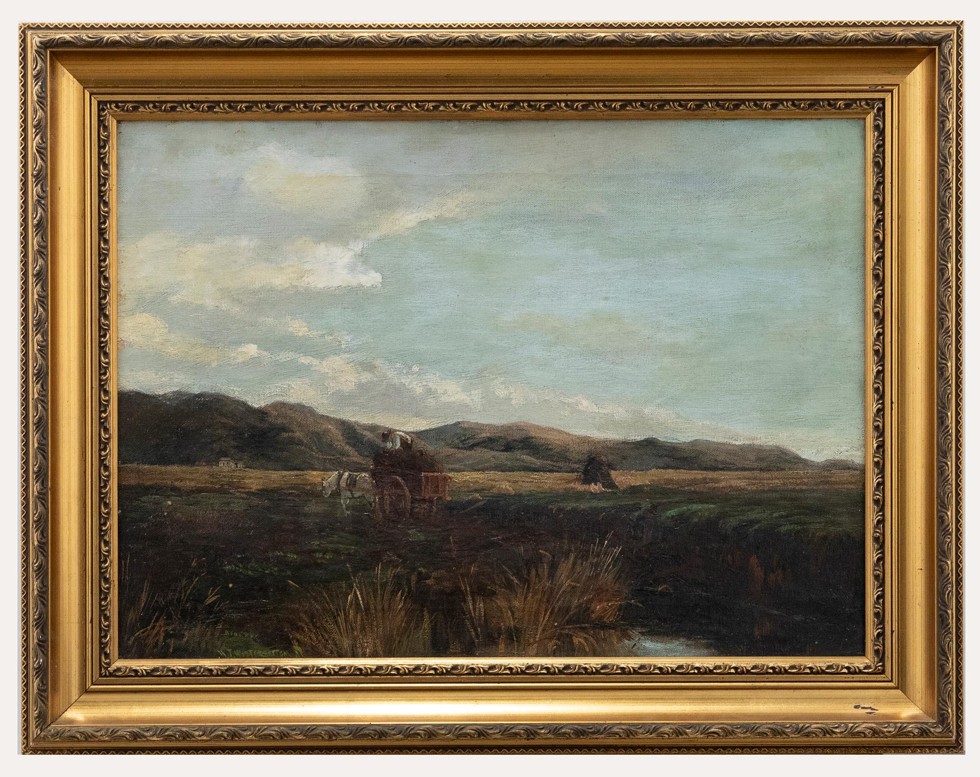 Landscape Painting Unknown - Huile - Peat de collection de la fin du 19e siècle encadrée avec cheval et chariot