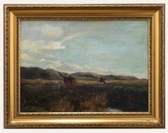 Antique Framed Late 19th Century Oil - Peat Collecting with Horse & Cart