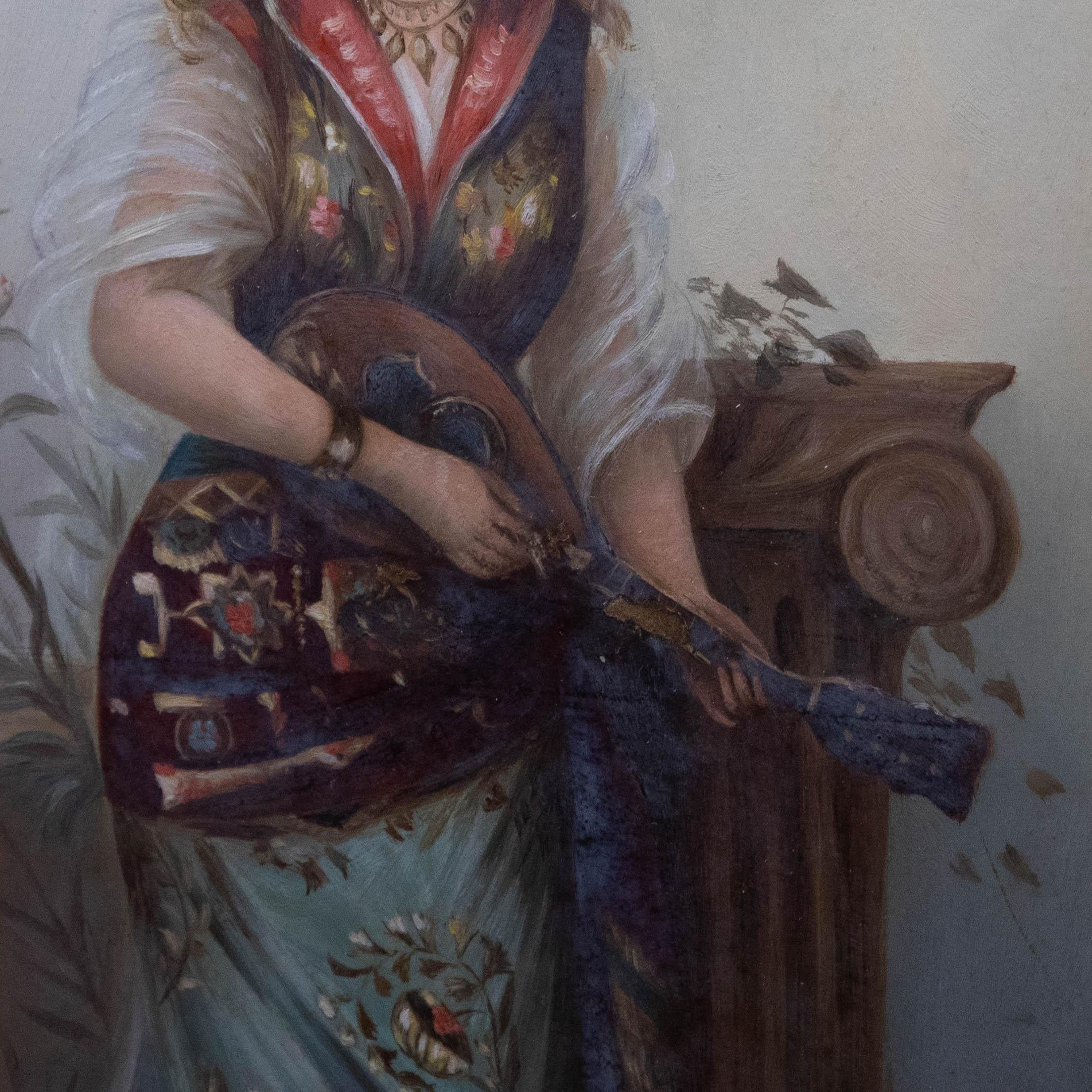 A beautiful oil study of a Turkish performer playing folk music on the Oud. The lady wears an elegant wrap skirt with floral motifs, matched with a colourful waistcoat and silk blouse. The painting has been well-presented in a contemporary