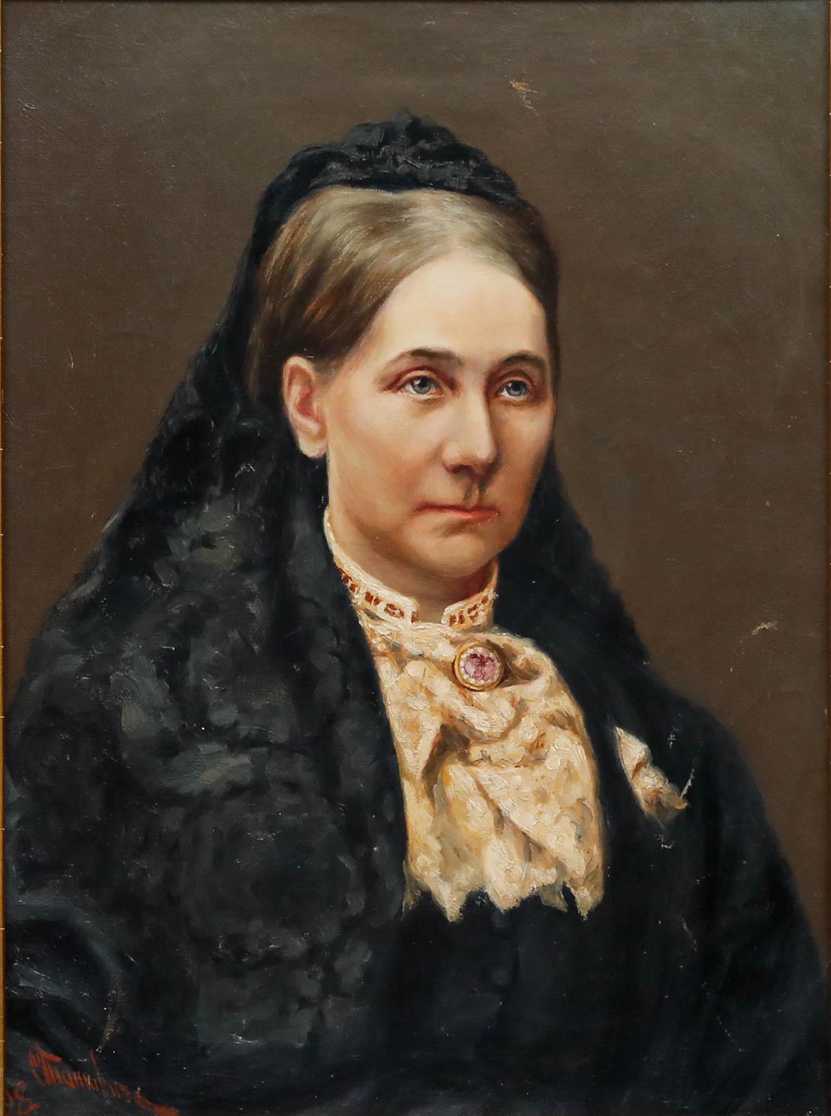 Huile encadrée de la fin du 19e siècle - Portrait d'une veuve - Painting de Unknown