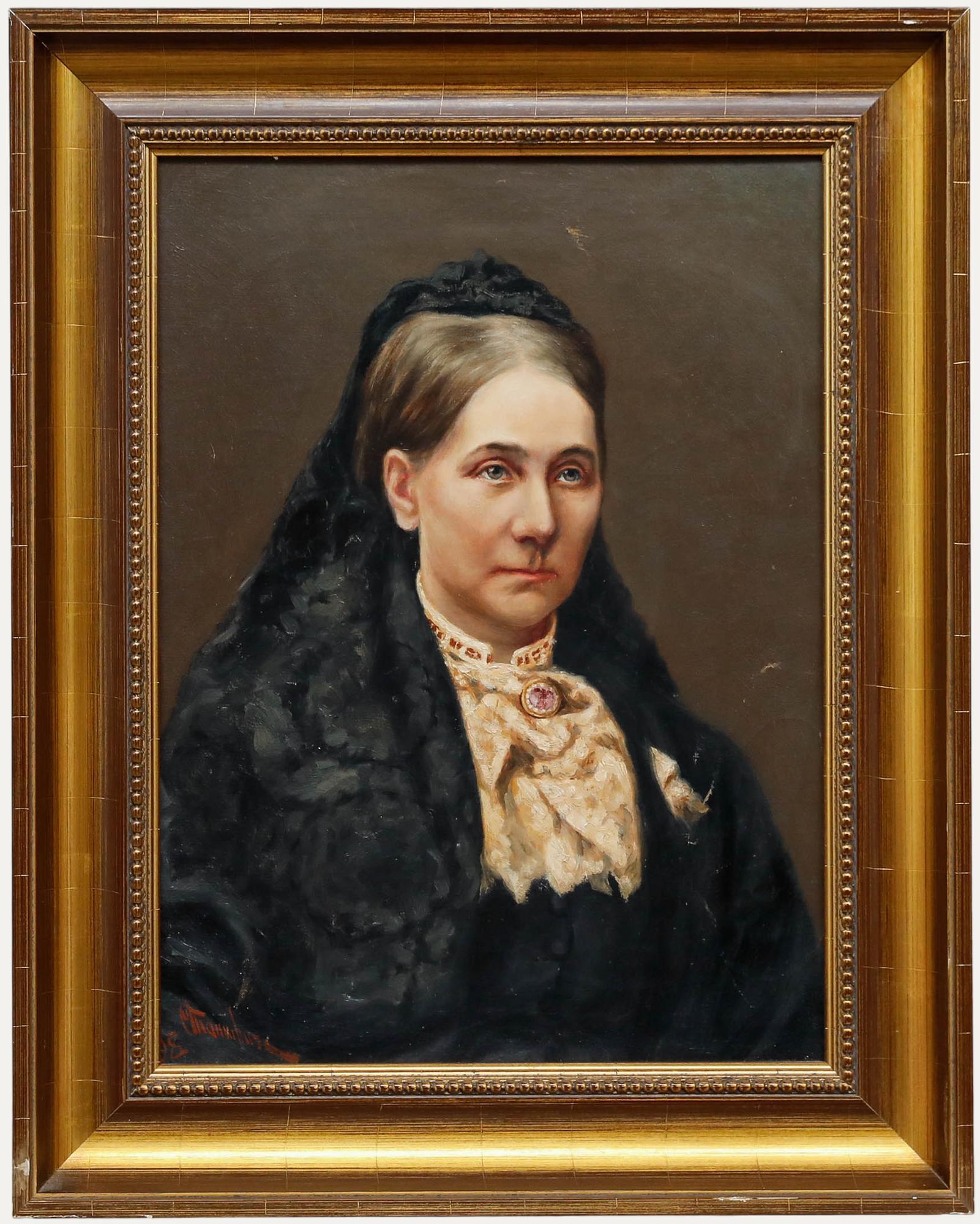 Huile encadrée de la fin du 19e siècle - Portrait d'une veuve