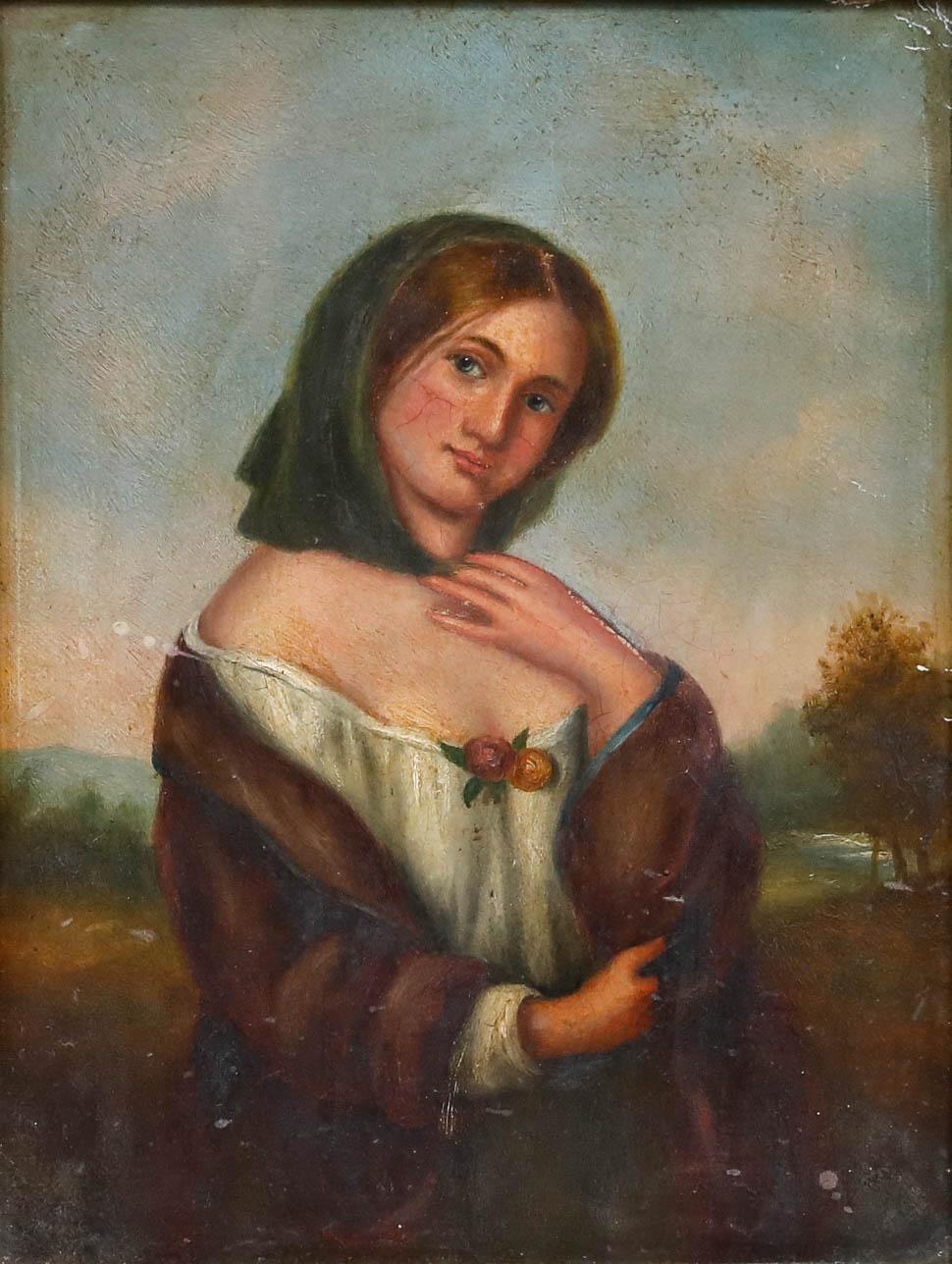 Huile encadrée de la fin du 19e siècle - Portrait d'une jeune femme - Painting de Unknown