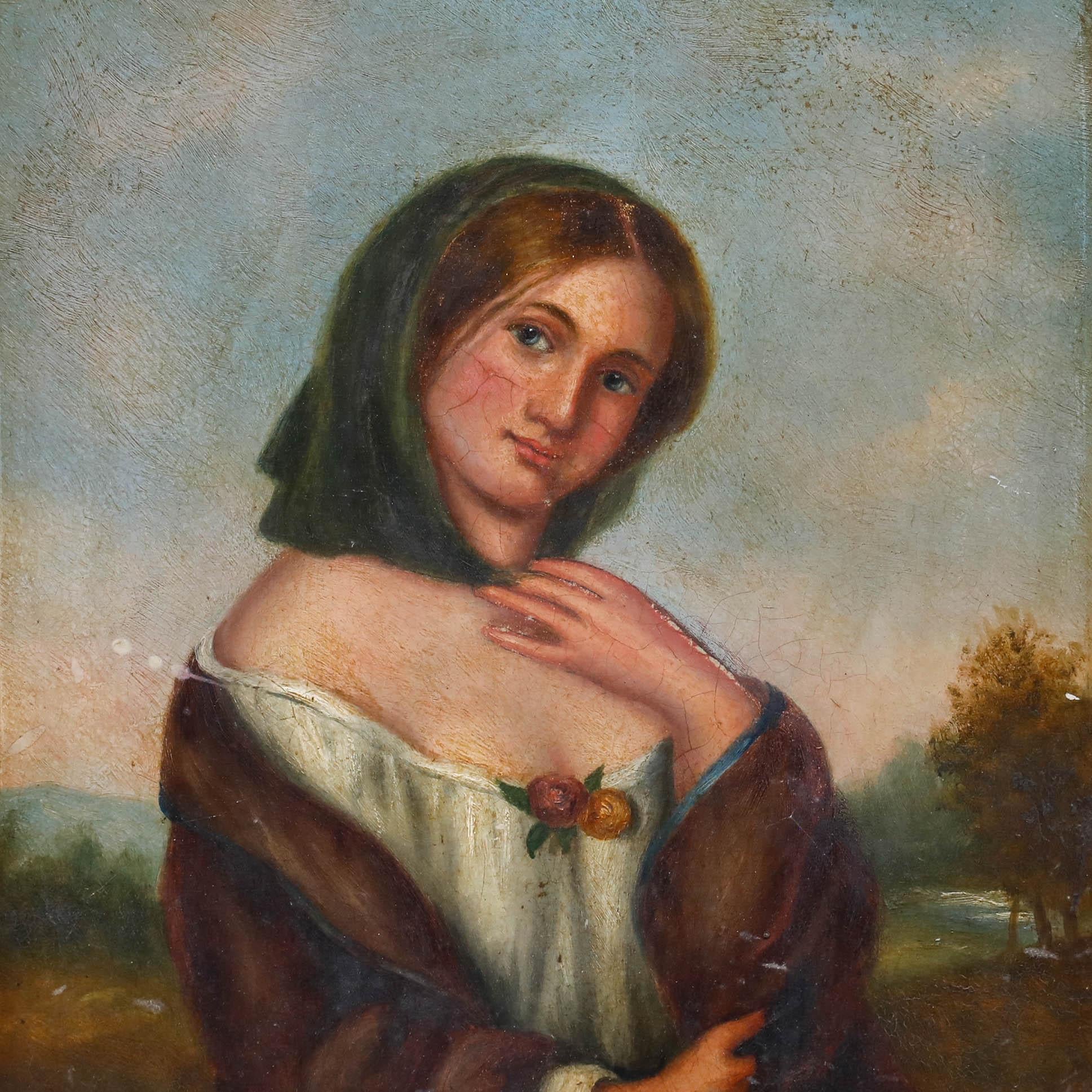 Un charmant portrait d'une jeune femme sur fond de paysage. Elle porte un foulard vert, une robe blanche et une cape brune, les épaules découvertes. Bien présenté dans un cadre à effet doré avec ornementation feuillue. Non signée. A bord. Taille de