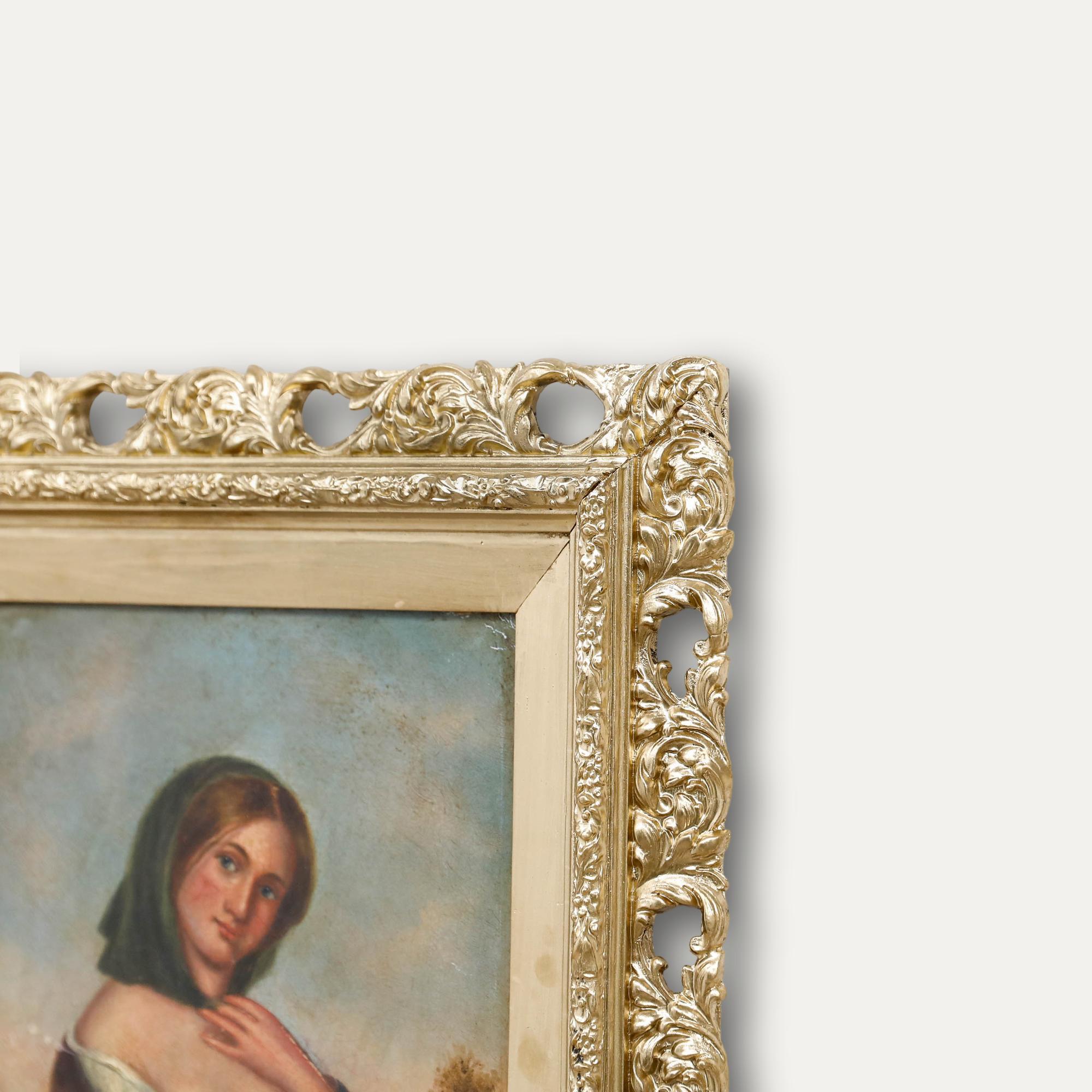 Huile encadrée de la fin du 19e siècle - Portrait d'une jeune femme en vente 1