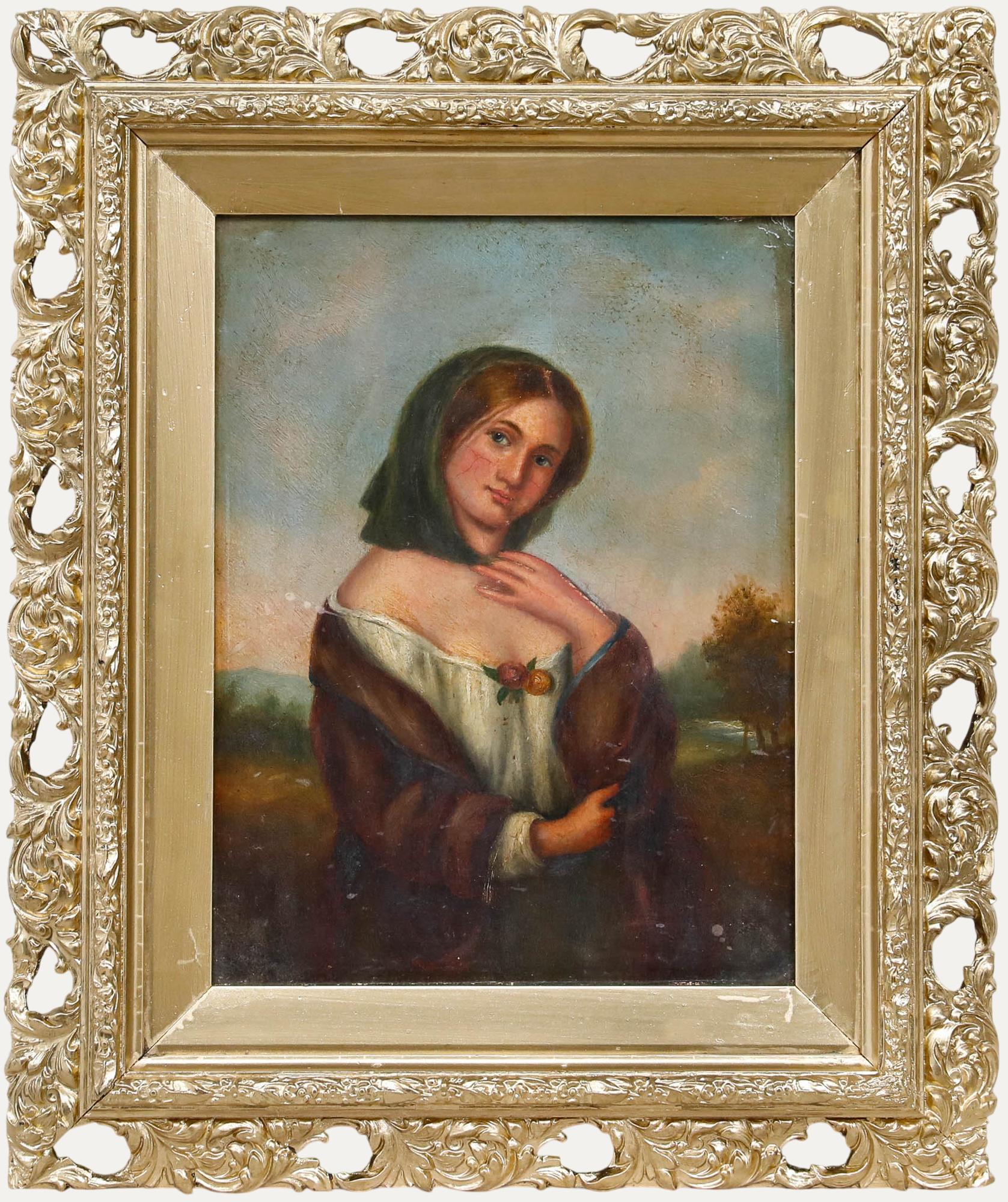 Portrait Painting Unknown - Huile encadrée de la fin du 19e siècle - Portrait d'une jeune femme