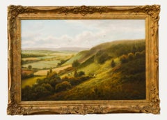 Olio incorniciato della fine del XIX secolo - I passeggiatori su una collina ripida