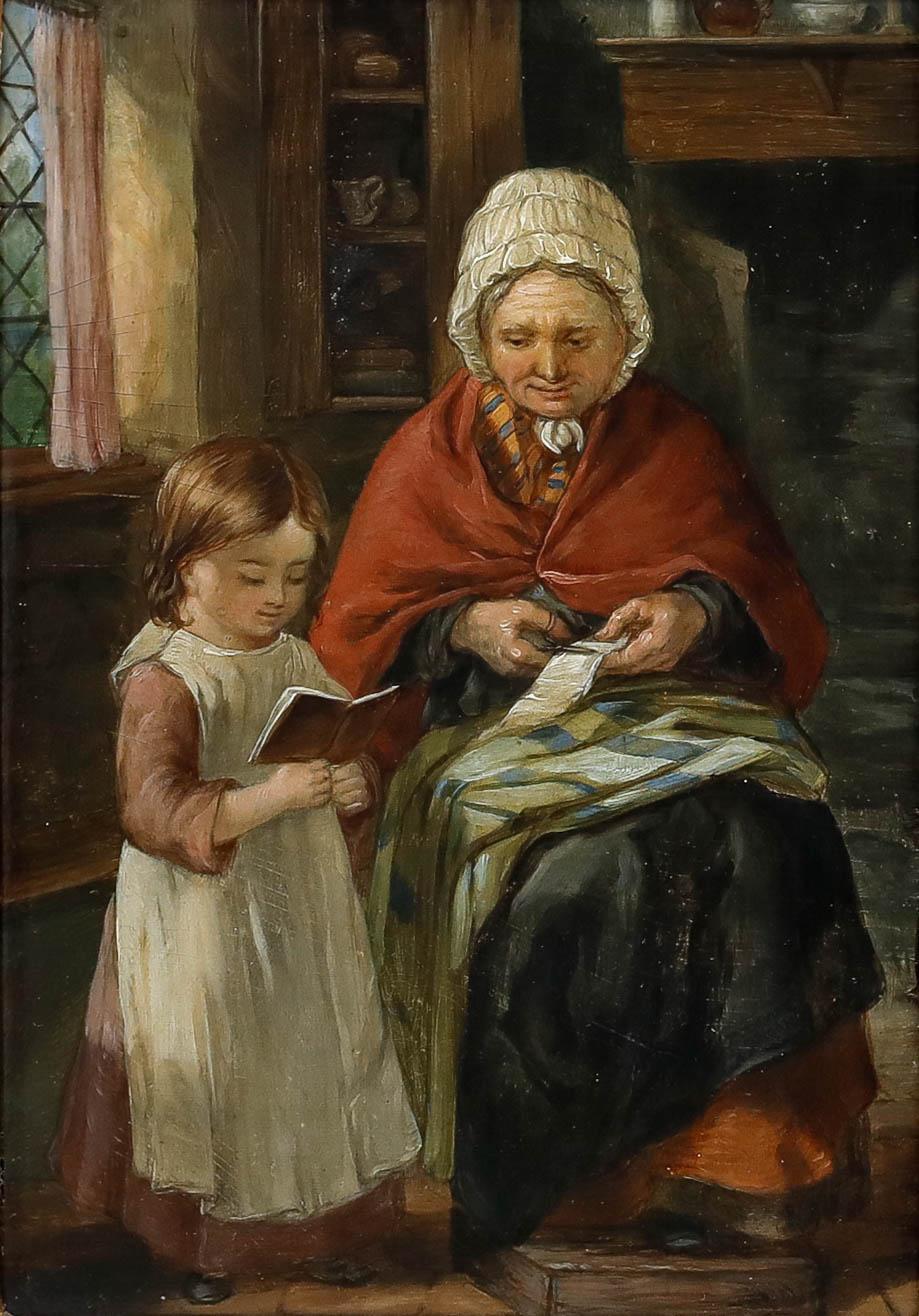 Framed Late 19th Century Oil - Reading with Grandmother - Painting by Unknown