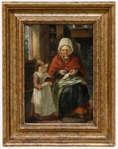 Framed Late 19th Century Oil - Reading with Grandmother