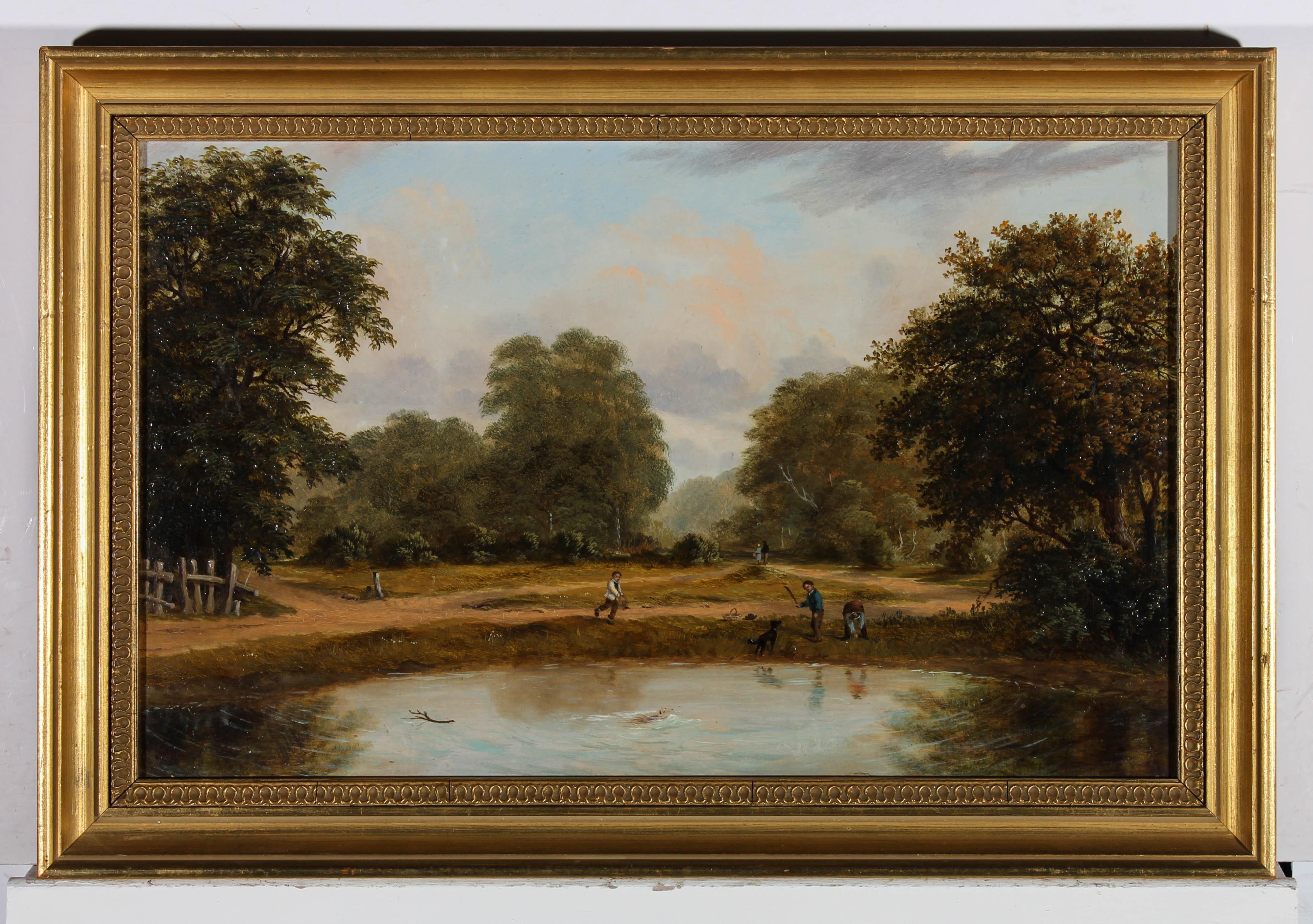 An accomplished English School oil landscape from the late 19th century period. Figures busy themselves in the foreground, with one gentleman looking concerned for his dog, who has boldly interrupted someone's quiet day by the river. The painting is