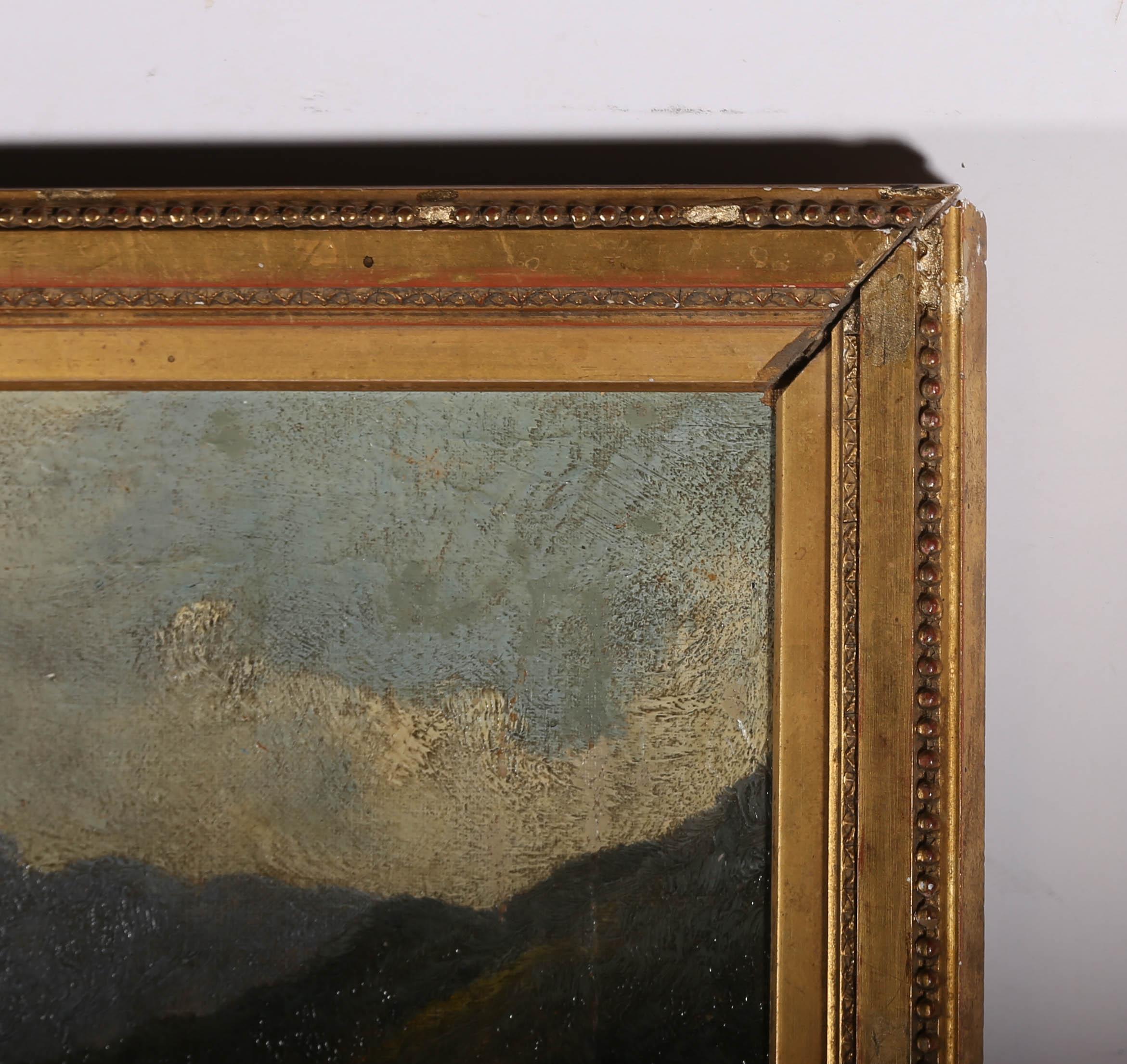 A charming late 19th century oil depicting a family scene. A mother can be seen spending time with her children and livestock in a mountainous landscape. Unsigned. Presented in a gilt frame with bead course. On canvas on stretchers.