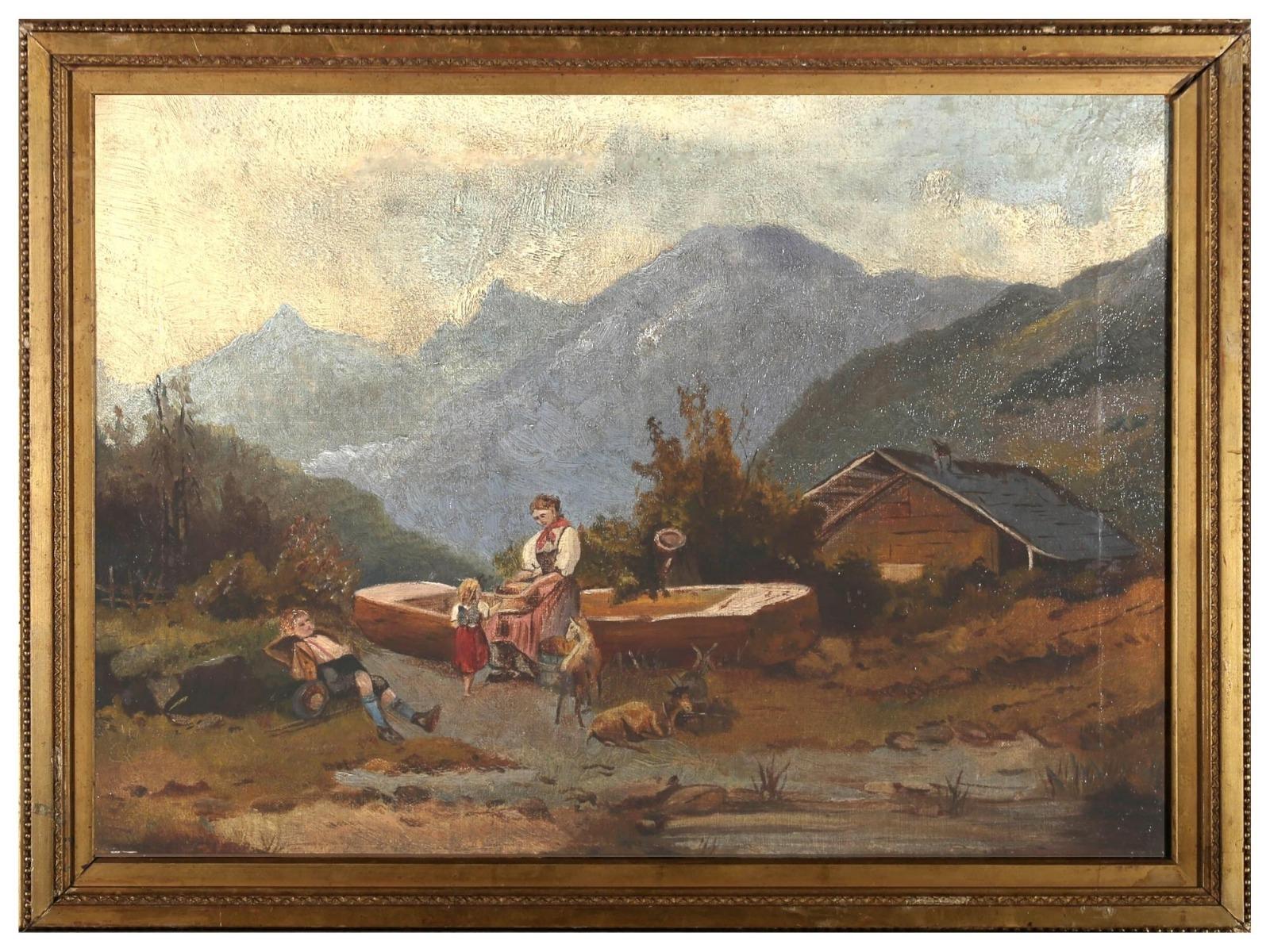 Unknown Landscape Painting - Framed Late 19th Century Oil - Rural Living