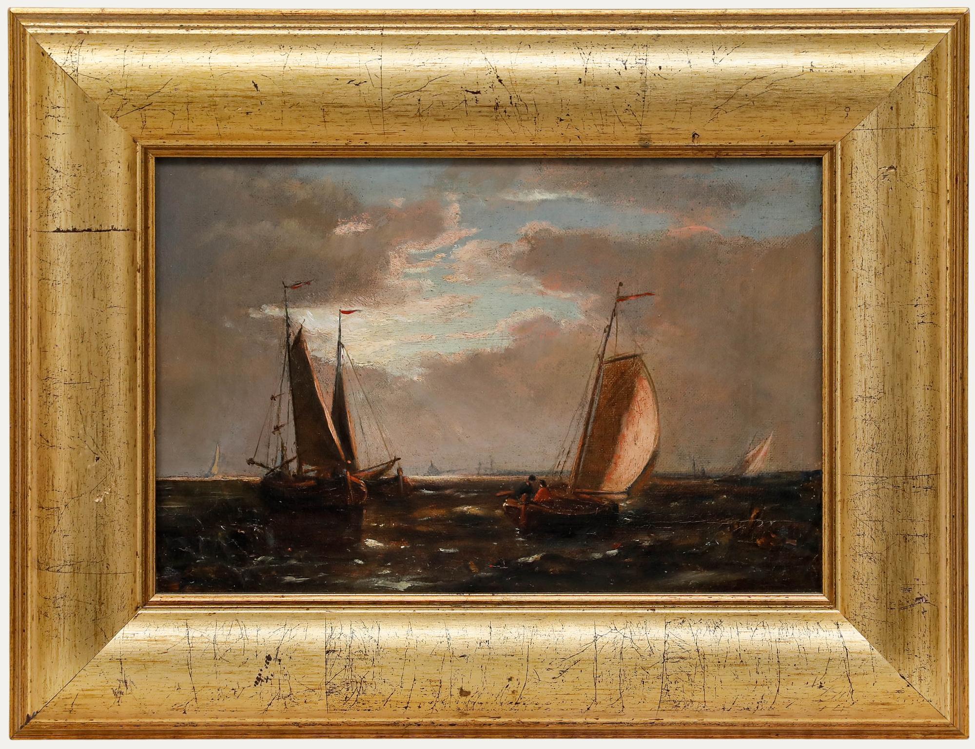 Unknown Landscape Painting - Framed Late 19th Century Oil - Sailing at Sunset