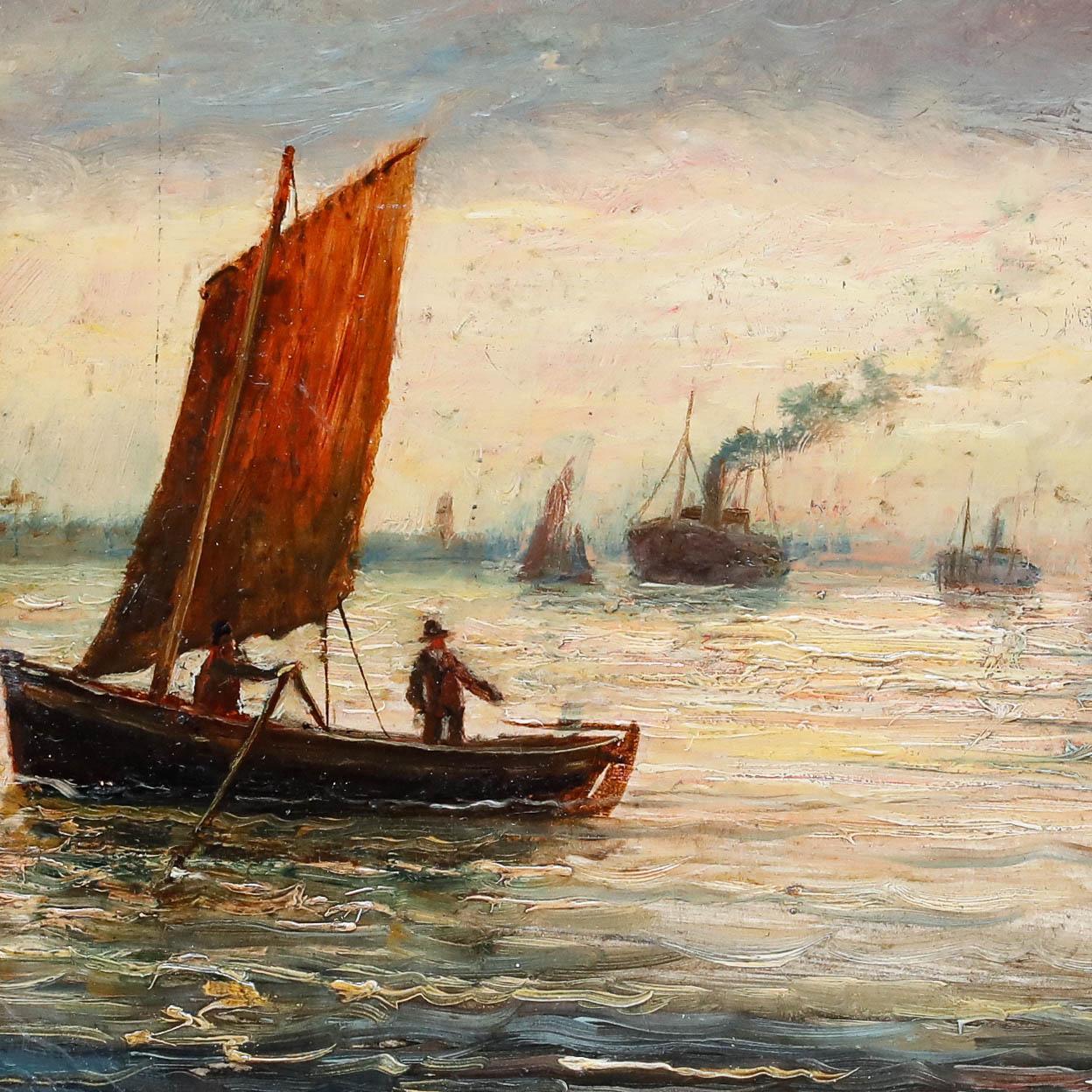 Framed Late 19th Century Oil - Shipping Off a Coastline - Beige Figurative Painting by Unknown