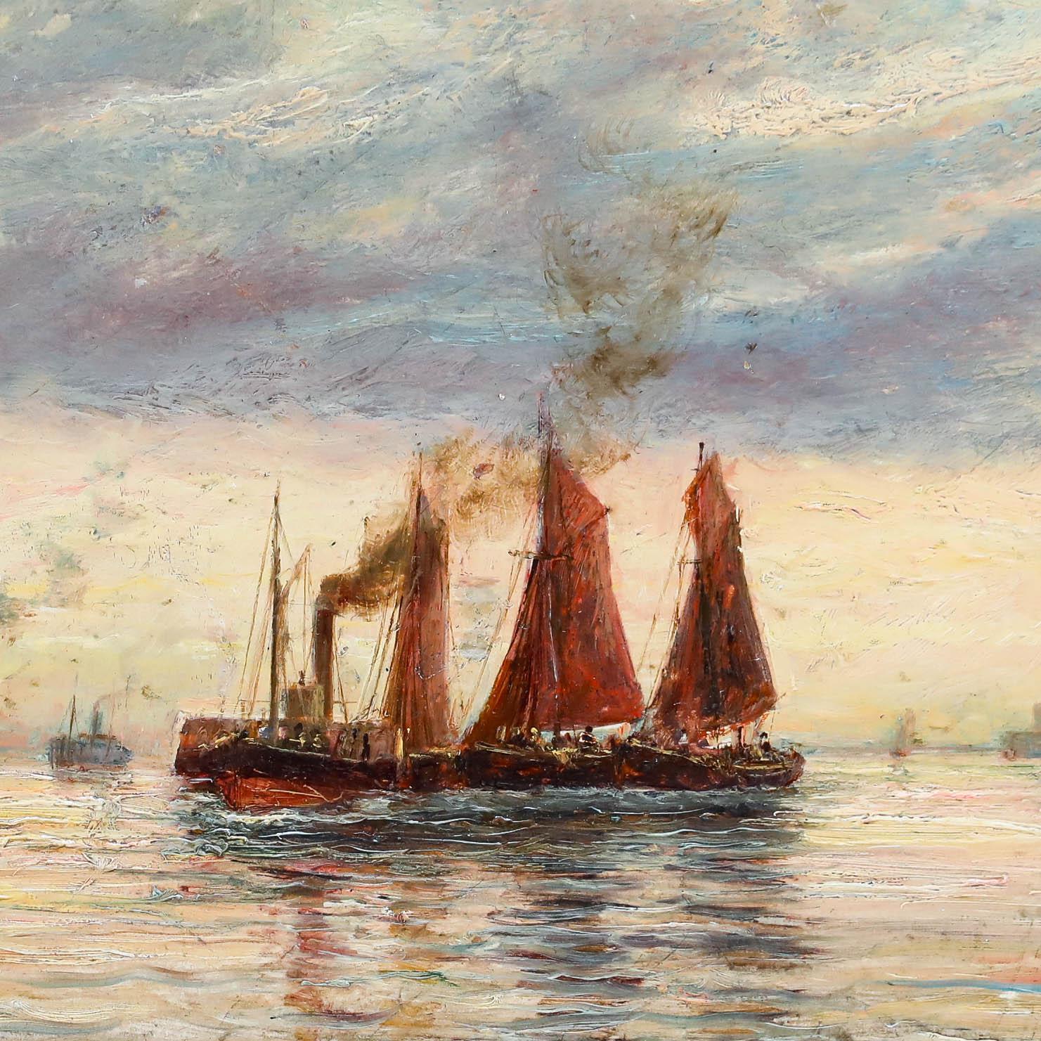 An atmospheric maritime scene depicting the bustling activity of a harbour at dusk, with sailing vessels silhouetted against a dramatic, cloud-streaked sky. The artist's use of warm, golden light contrasts with the cool blues of the water, bringing