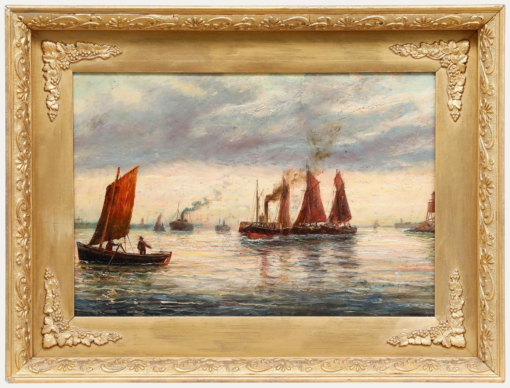 Unknown Figurative Painting - Framed Late 19th Century Oil - Shipping Off a Coastline