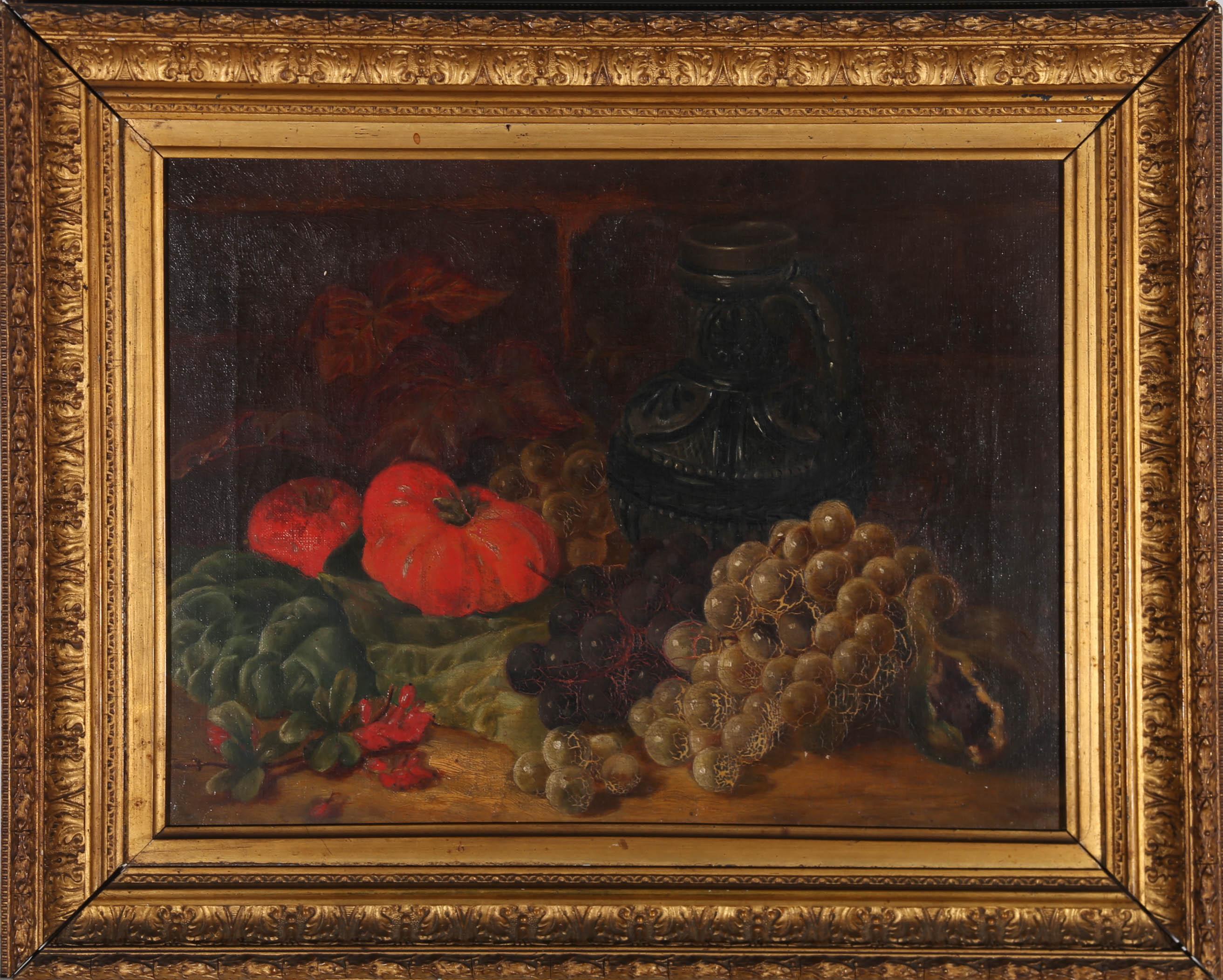 This Dutch inspired still life depicts a luxurious display of fruit and vegetables arranged amongst autumn foliage, and a decorative flagon decanter. Unsigned. The painting is beautifully presented in elaborate gilt frame and slip, with moulded cove