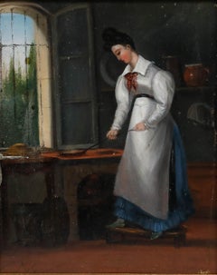 Framed Late 19th Century Oil - Tending the Stove