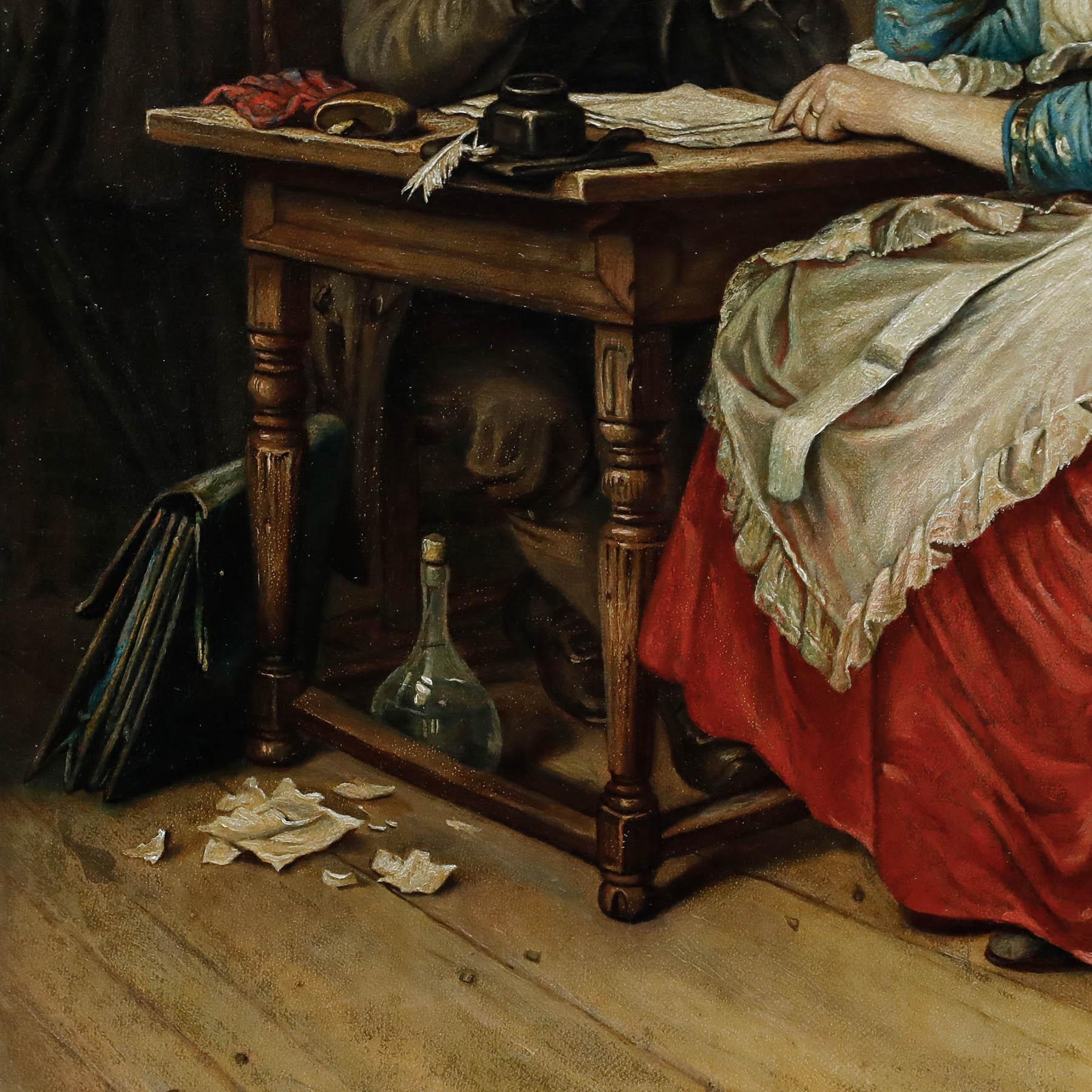 Diese charakteristische Genreszene zeigt eine Frau, die einem älteren Mann - vielleicht einem Anwalt - gegenübersitzt und auf ein Dokument zeigt, das auf dem Tisch zwischen ihnen liegt. Ein zerrissenes Blatt Papier auf dem Boden und die Feder in der