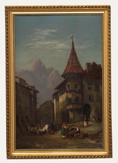 Huile encadrée de la fin du 19e siècle - Townes in the Alps
