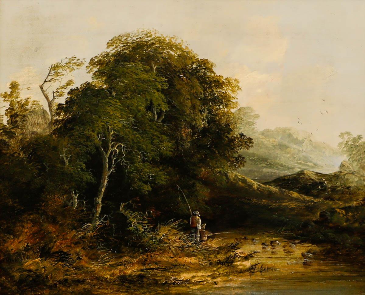 Framed Late 19th Century Oil - Two Friends Fishing - Painting by Unknown