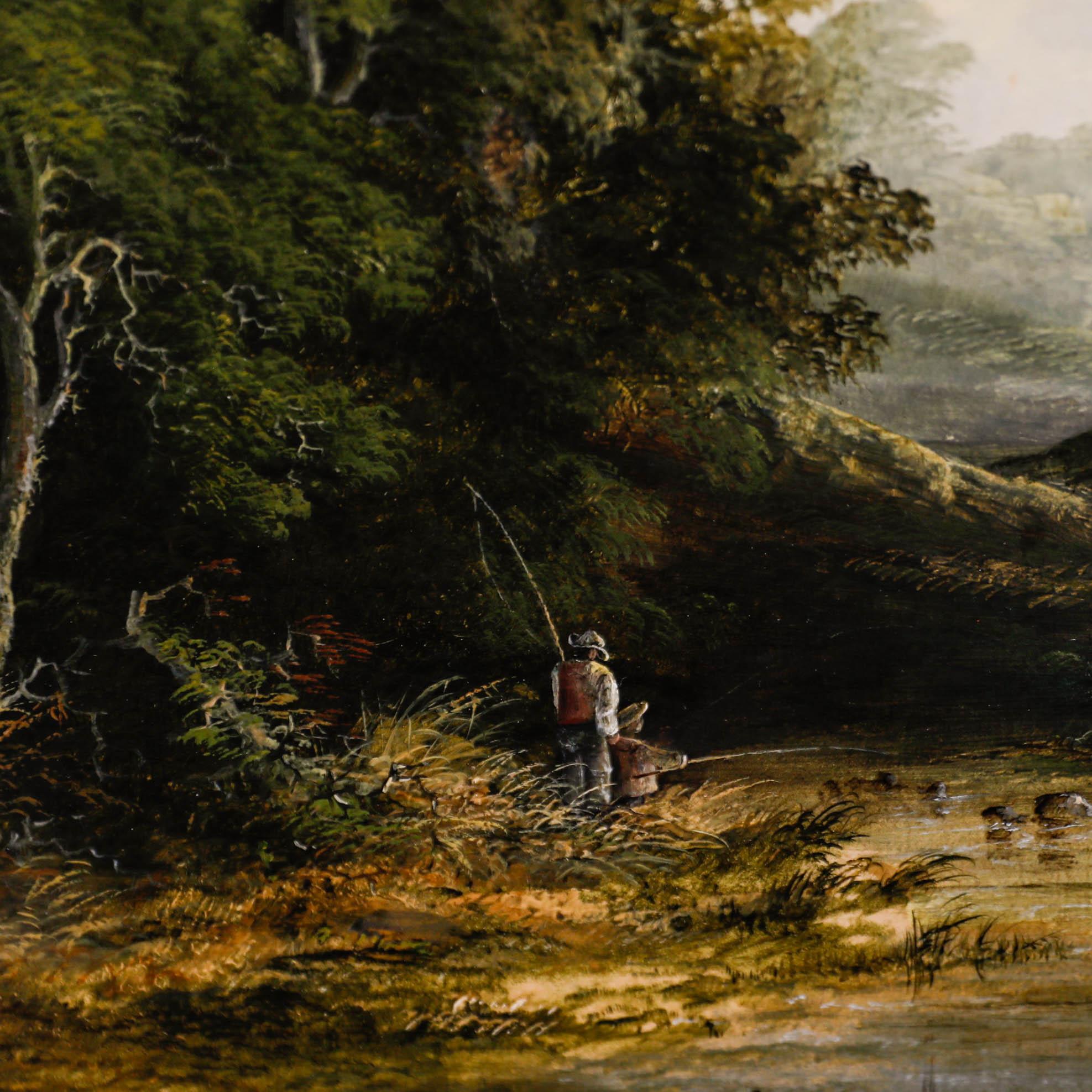 A charming late 19th century oil painting depicting two gentlemen fishing in an idyllic river location. The composition has been well presented in a contemporary gilt frame with internal slip. Indistinctly signed to the lower left. On canvas on