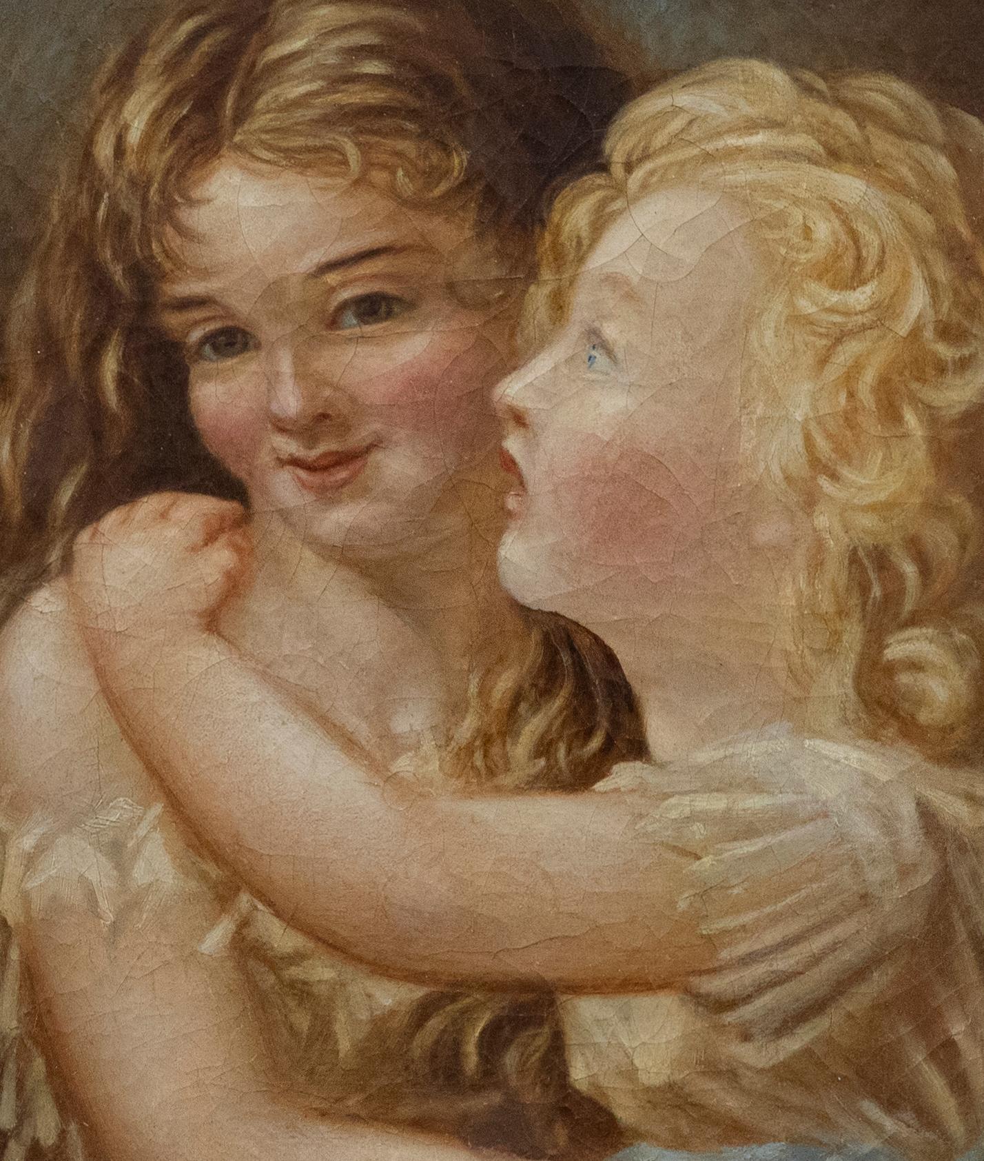 Framed Late 19th Century Oil - Two Sisters Embracing - Painting by Unknown
