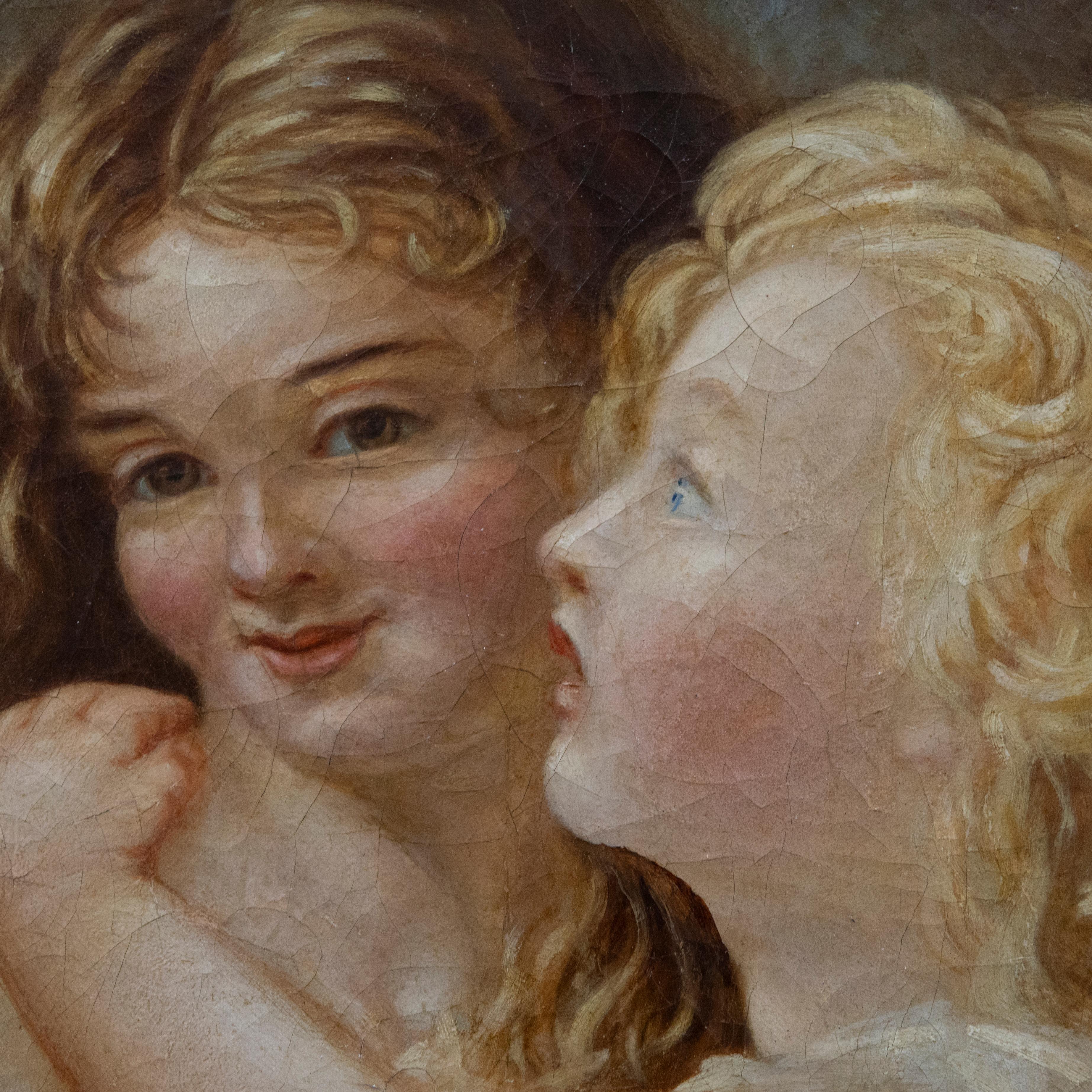 Framed Late 19th Century Oil - Two Sisters Embracing For Sale 1