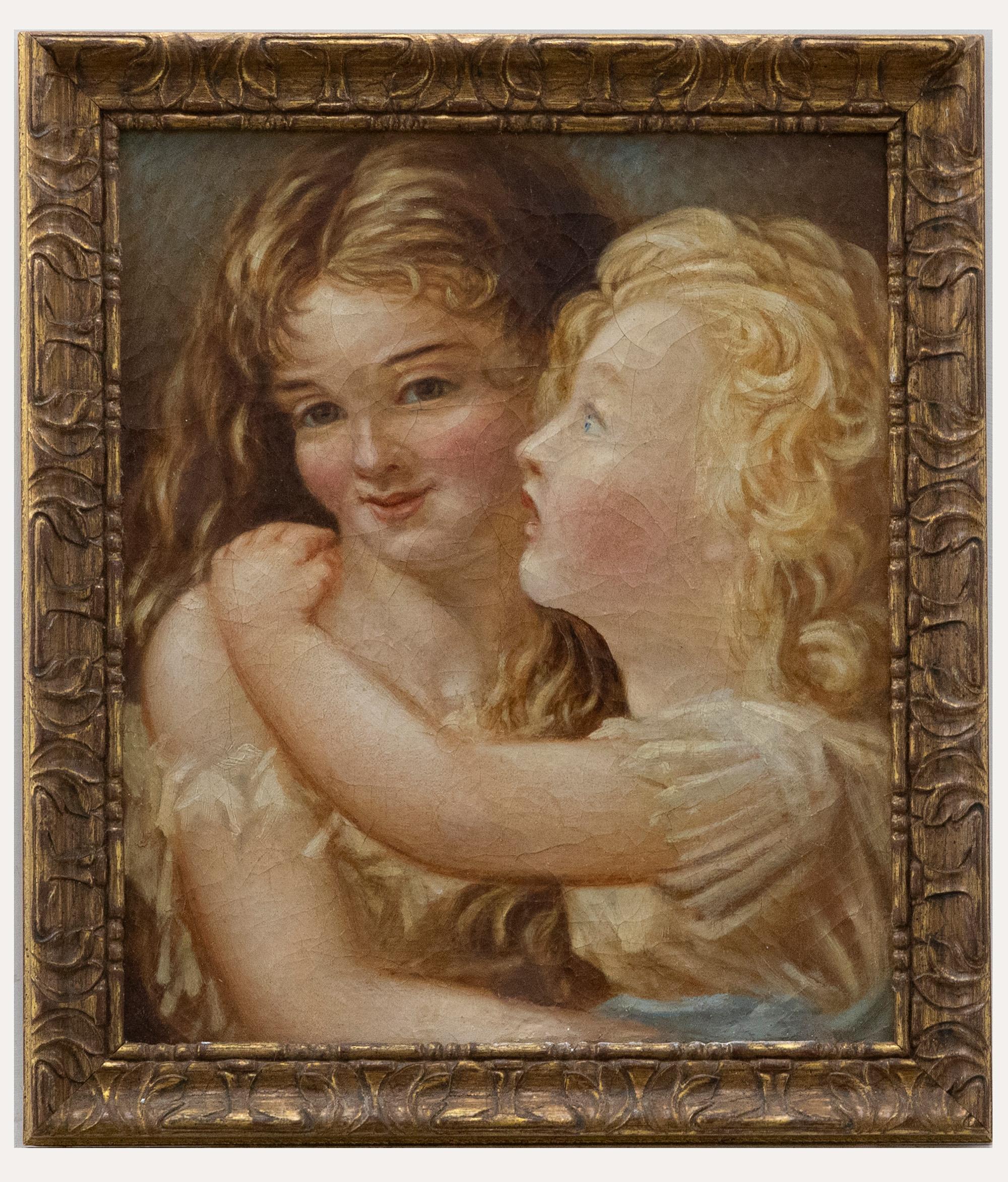 Unknown Portrait Painting - Framed Late 19th Century Oil - Two Sisters Embracing