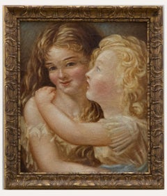 Huile encadrée de la fin du 19e siècle - Deux sœurs s'embrassant