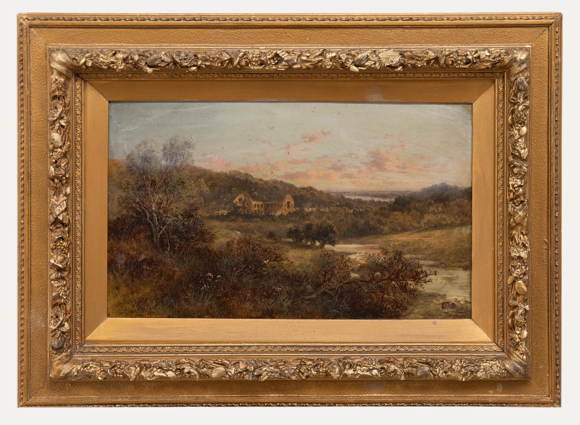 Unknown Landscape Painting – Gerahmtes Ölgemälde des späten 19. Jahrhunderts – Ansicht der Tintern Abbey