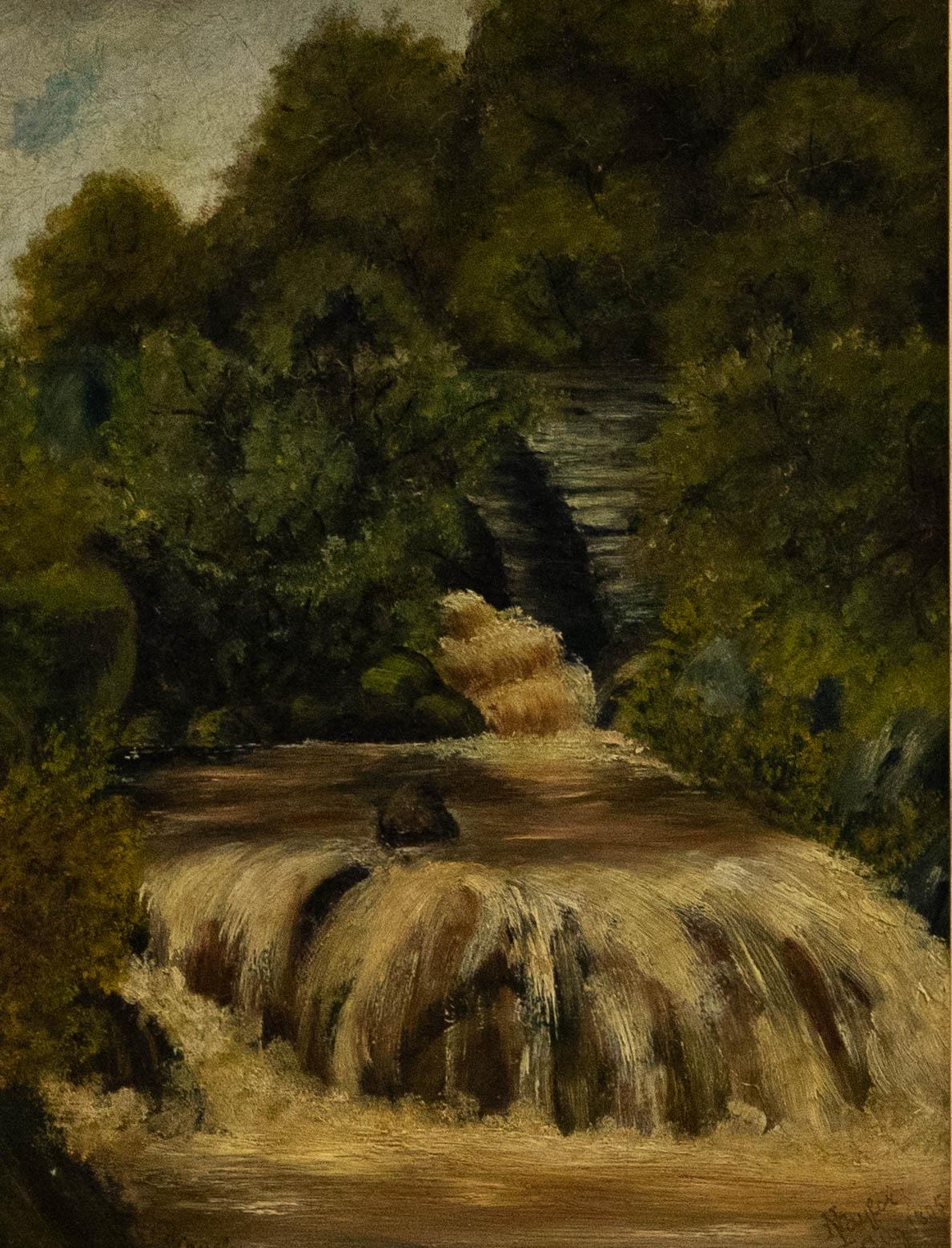 Framed Late 19th Century Oil - Waterfall in the Woods - Painting by Unknown