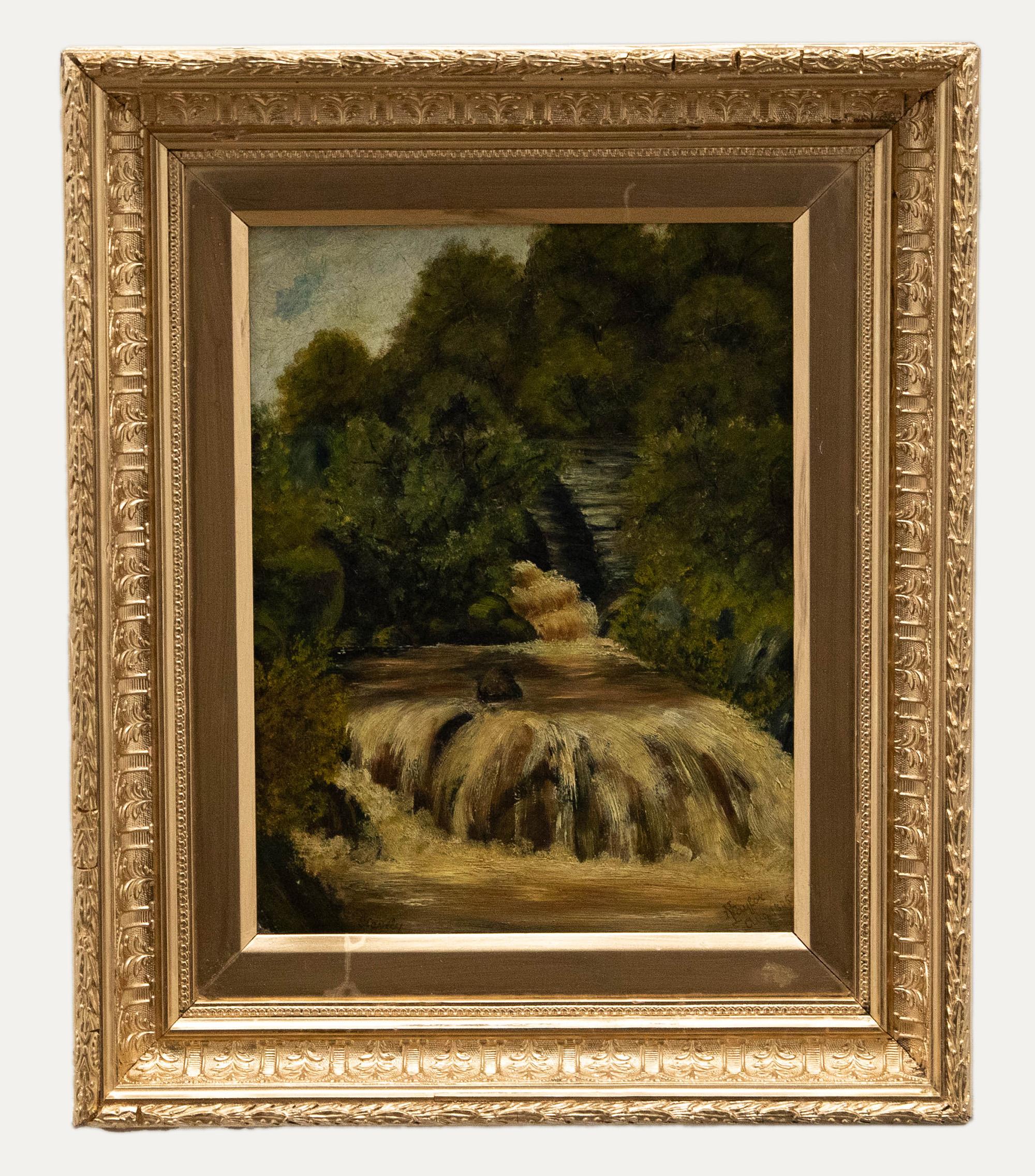 Unknown Landscape Painting - Framed Late 19th Century Oil - Waterfall in the Woods