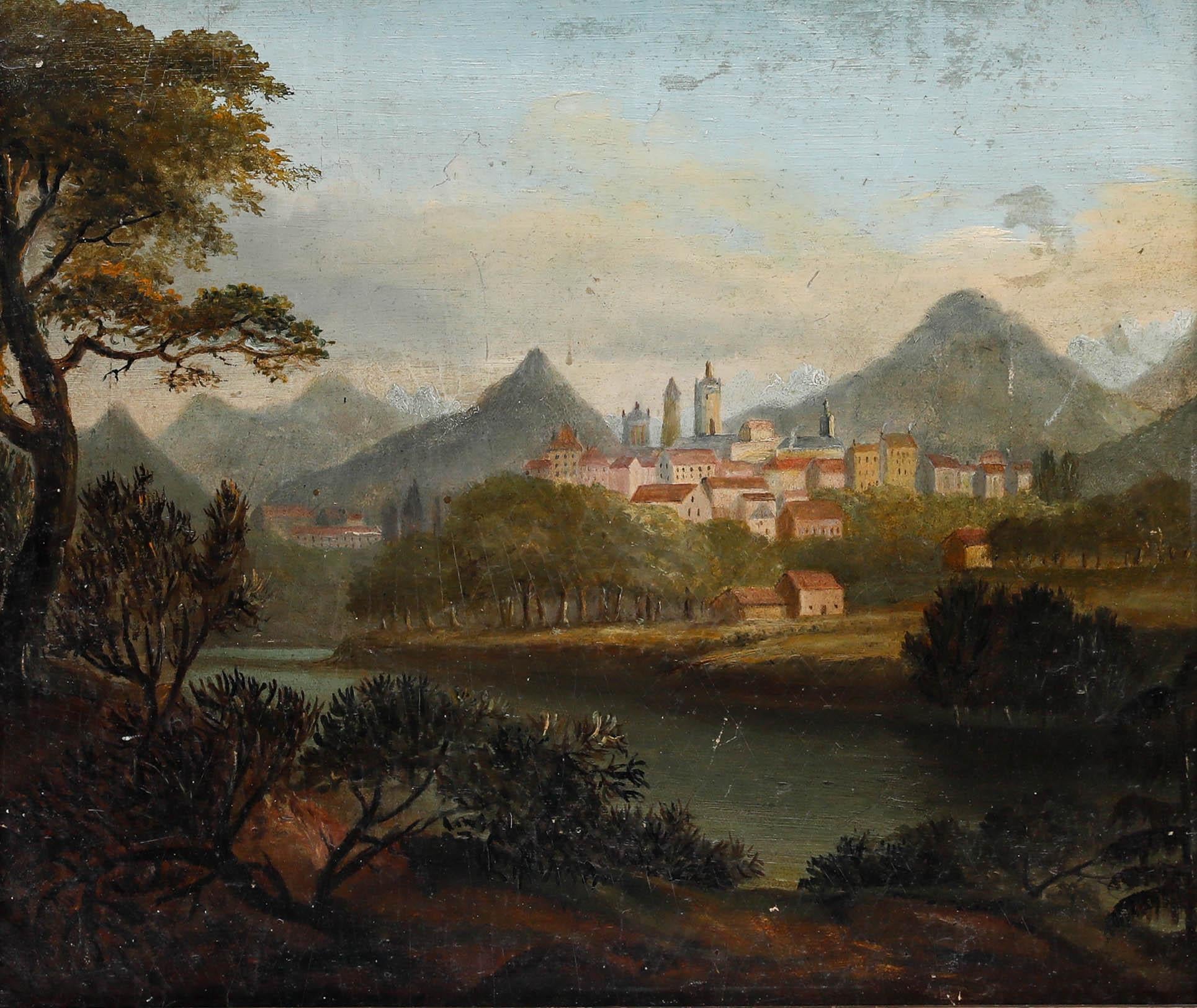 Huile encadrée du milieu du 19e siècle - Une vue de la Townes - Painting de Unknown