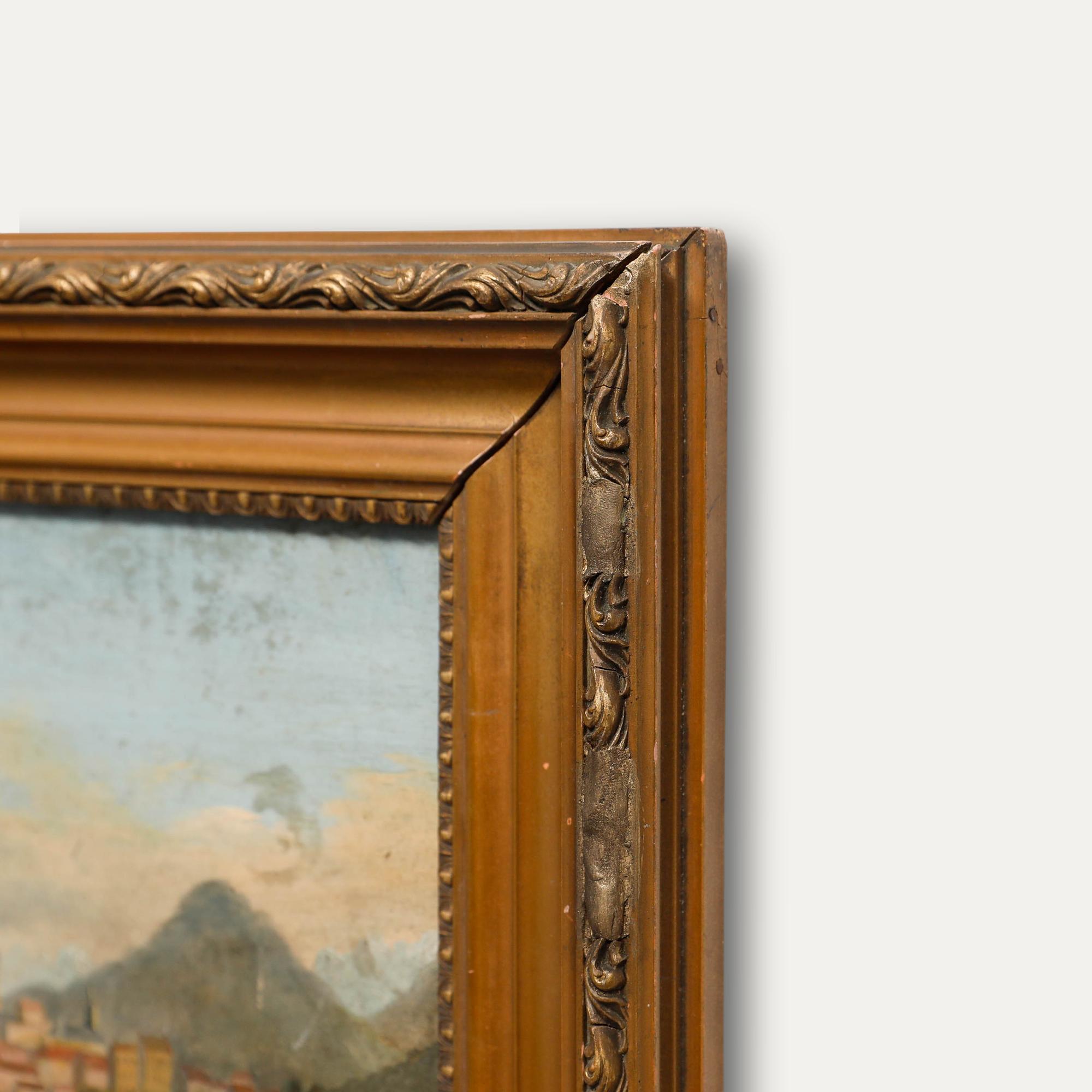 Huile encadrée du milieu du 19e siècle - Une vue de la Townes en vente 1