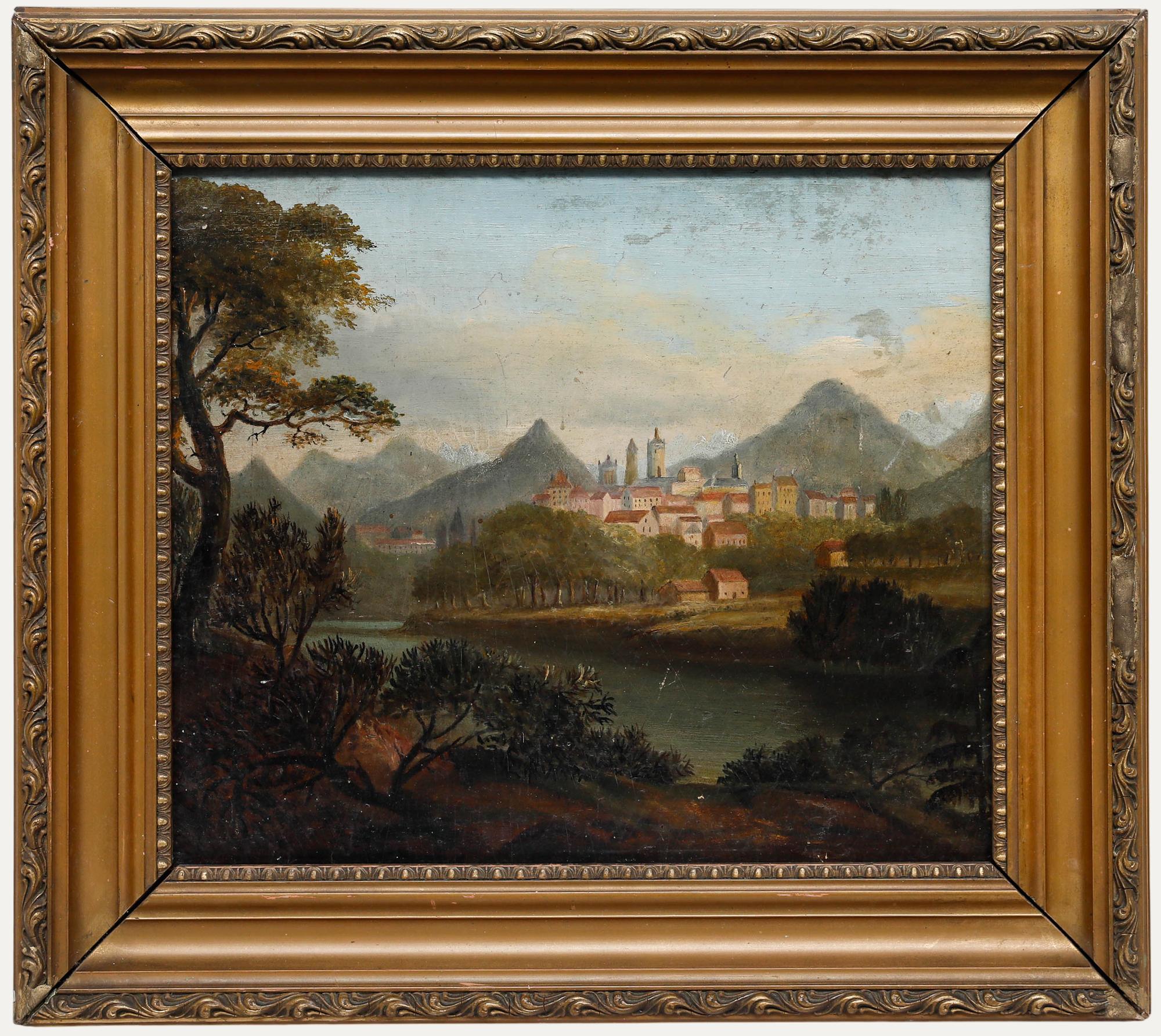 Landscape Painting Unknown - Huile encadrée du milieu du 19e siècle - Une vue de la Townes