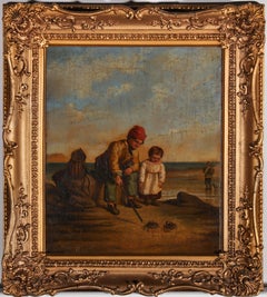 Framed Mid 19th Century Oil - Crabbing on the Shore