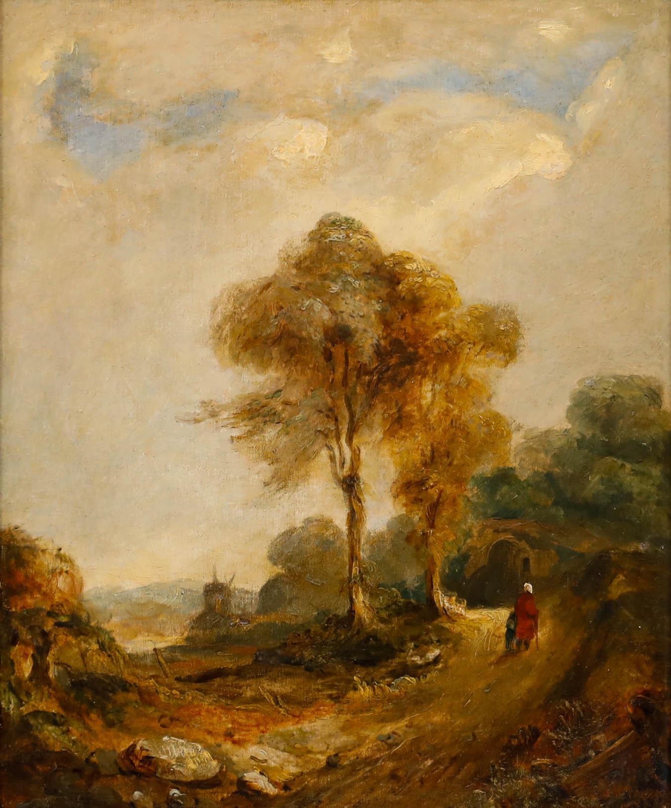 Huile encadrée du milieu du 19e siècle - Figures sur un chemin de campagne - Painting de Unknown