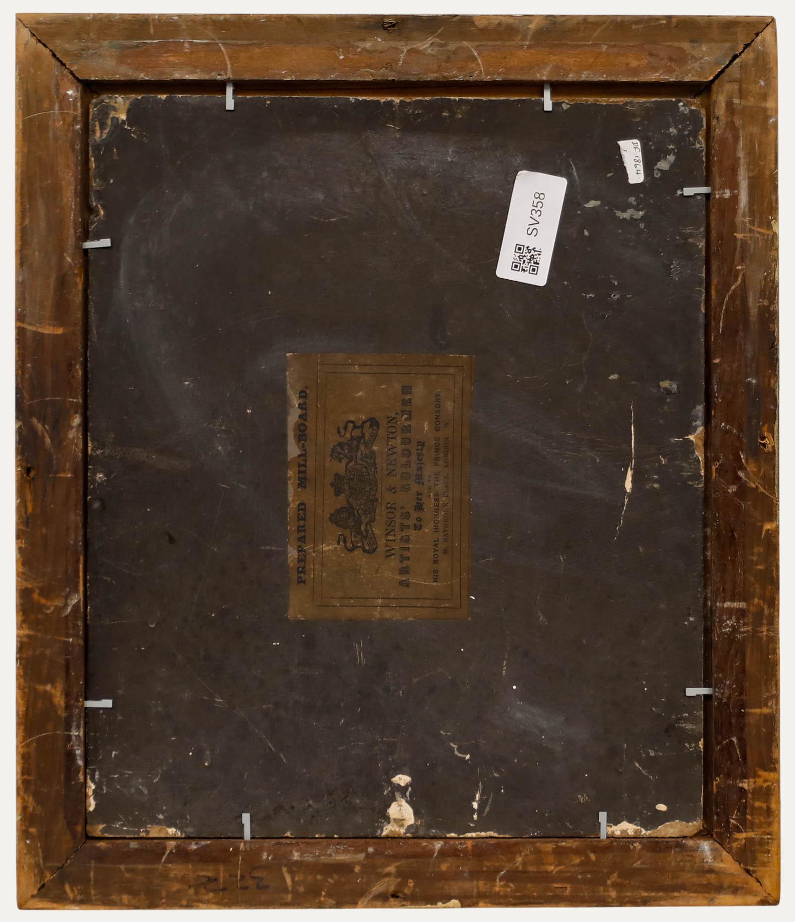 Huile encadrée du milieu du 19e siècle - Figures sur un chemin de campagne - Marron Landscape Painting par Unknown