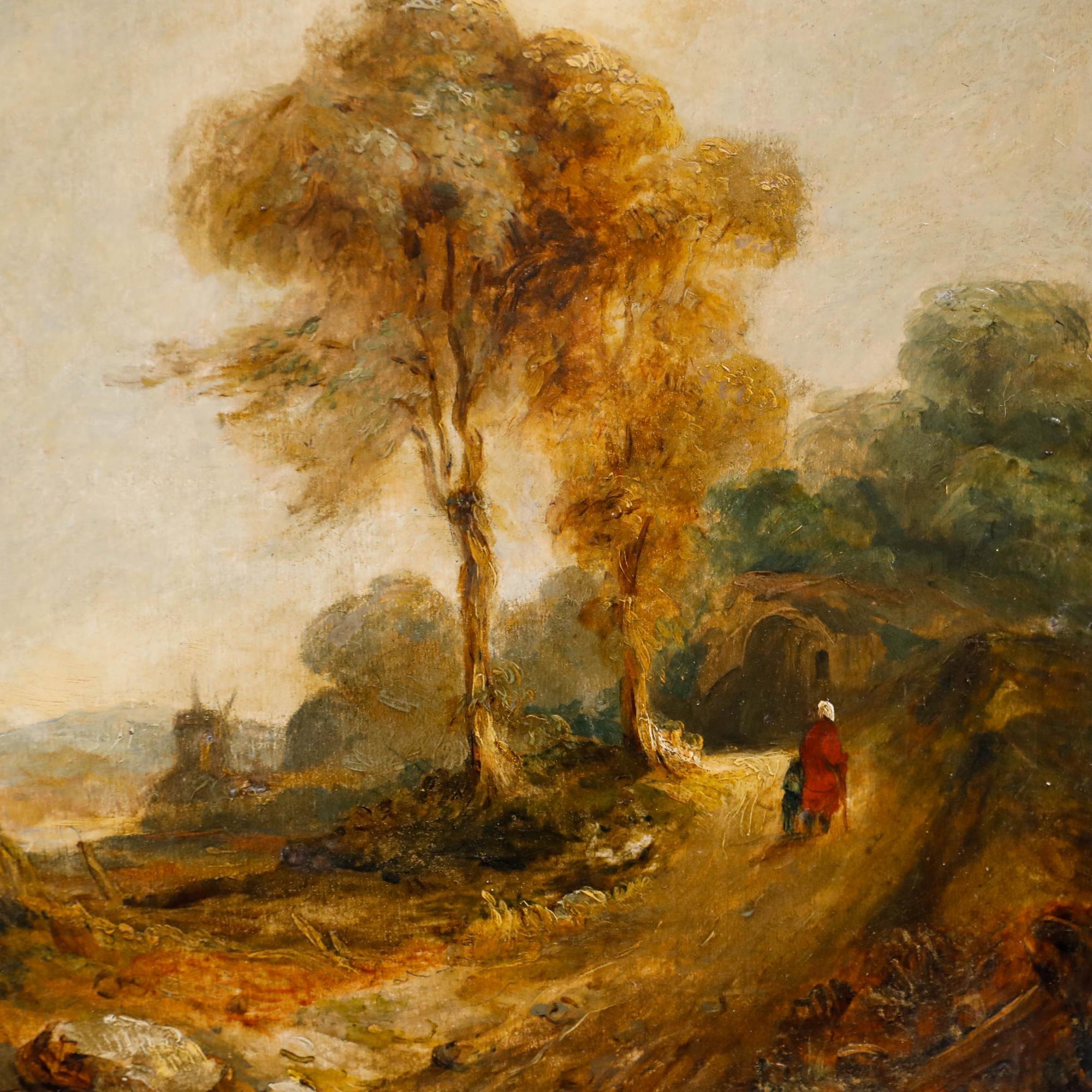 Charmante scène rurale du milieu du XIXe siècle représentant un personnage vêtu de rouge marchant le long d'un chemin de campagne. Le personnage passe sous un arbre adulte, dont le feuillage prend une riche couleur automnale, tandis qu'une petite