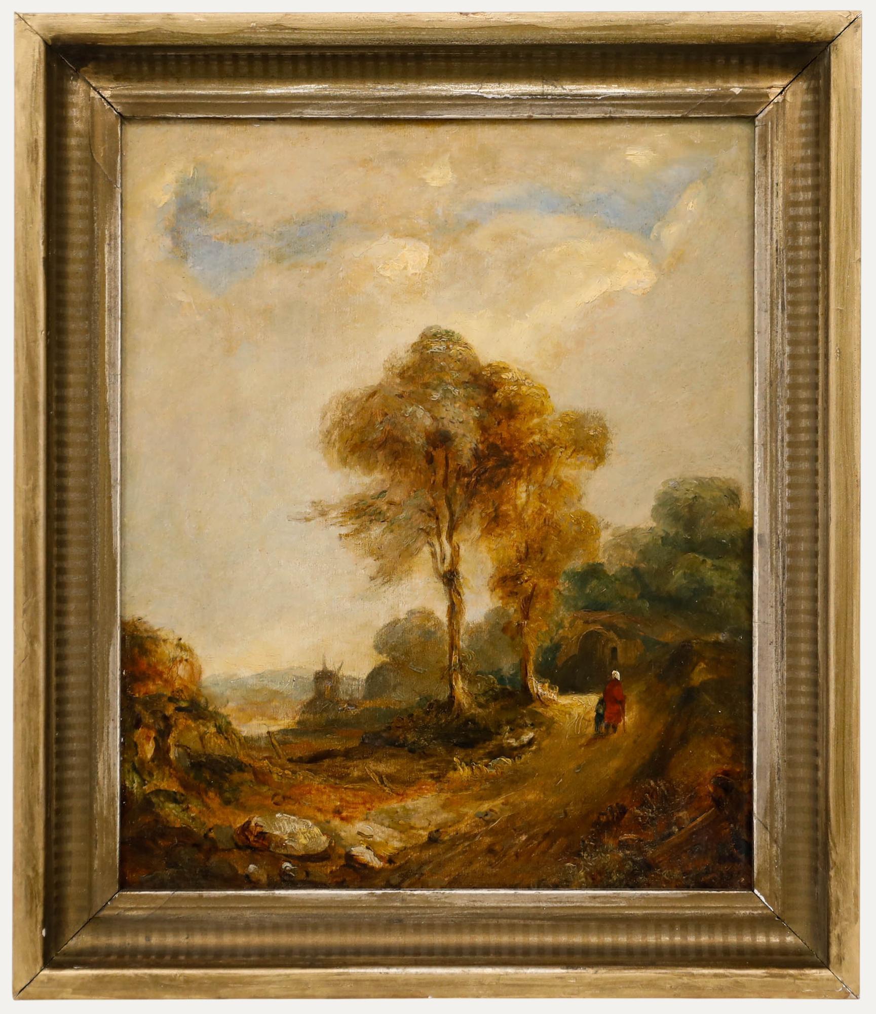 Gerahmtes Öl aus der Mitte des 19. Jahrhunderts - Figuren auf einem Feldweg