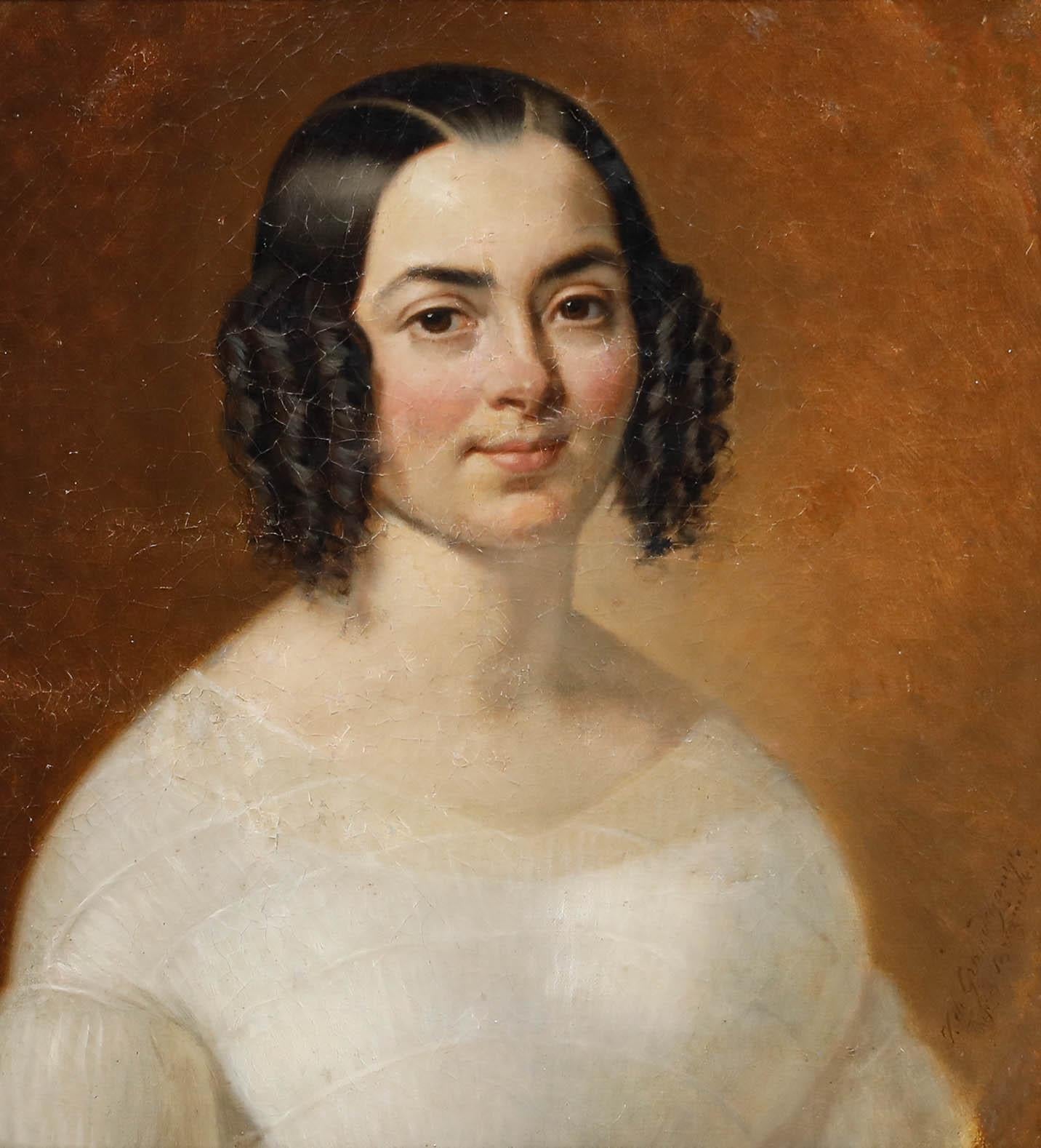 Huile encadrée du milieu du 19e siècle - Portrait d'une jeune femme - Painting de Unknown