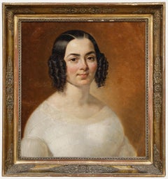 Huile encadrée du milieu du 19e siècle - Portrait d'une jeune femme