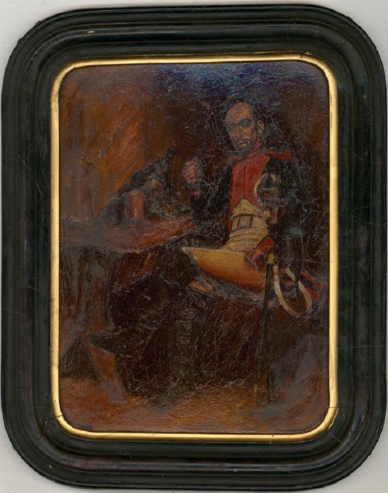 A French soldier sits in the smoky haze of a gloomy bar.

Illegibly signed.

Well presented in an ebonized wood frame with a gilded inner window and rounded corners.

 

On Board.
